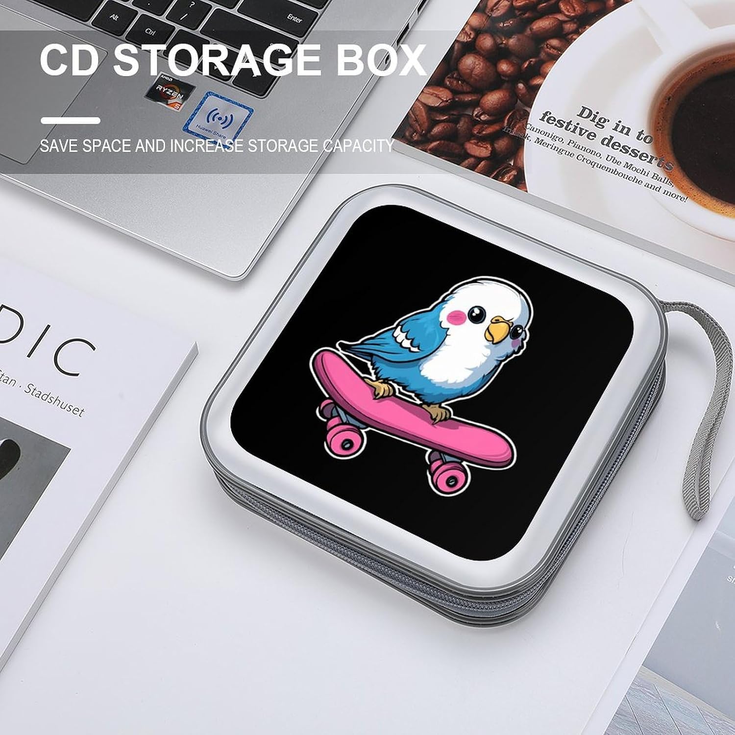 Parakeet Bird Skater Skateboard CD Case Portable DVD Storage Box CD Wallet Holder Binder Organizer for Car Home