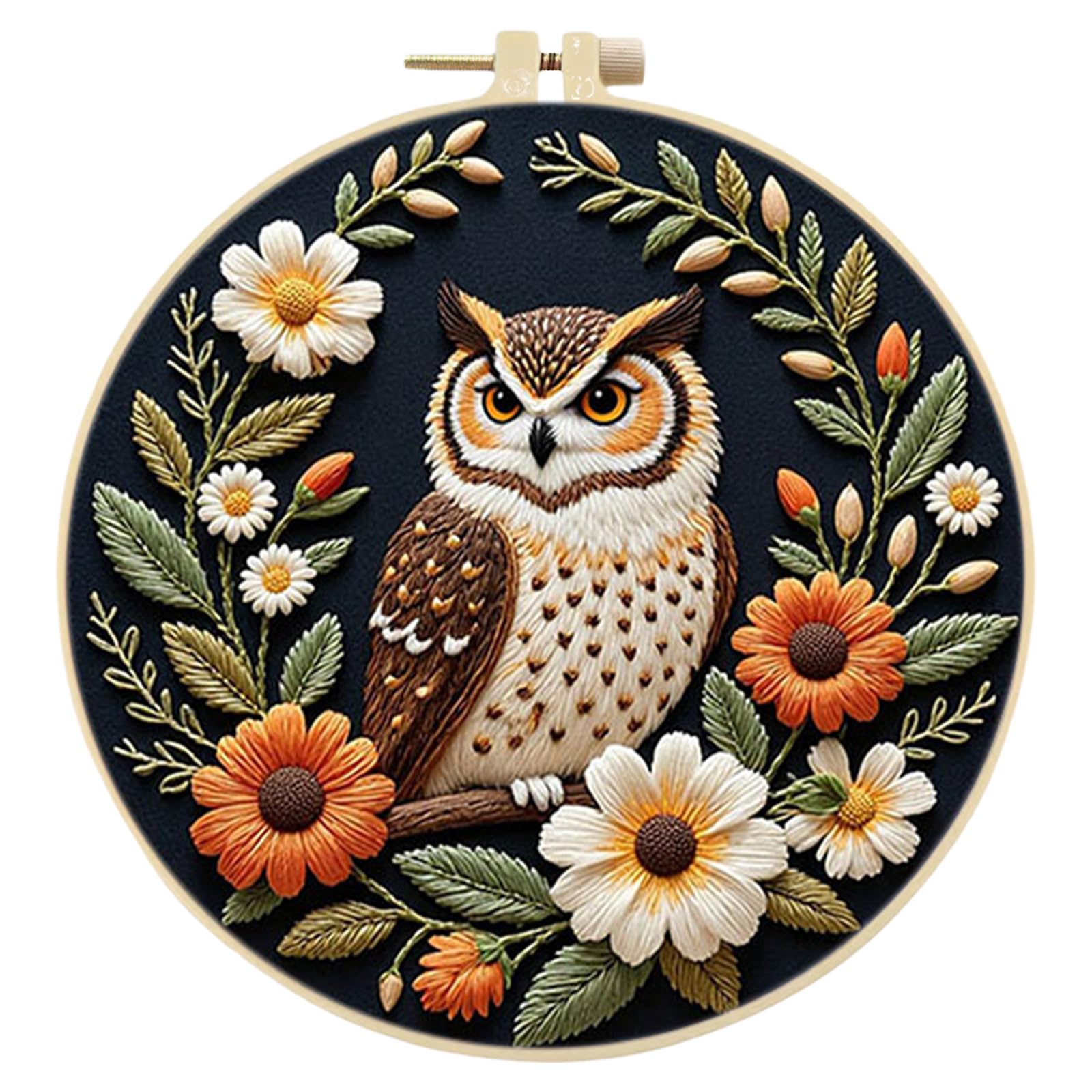 DIY Wreath Owl Stamped Embroidery Stitches Practice Kit 29x29cm Complete Needlework Craft Kit with Bamboo Hoop for Beginners Adults Craft Lover (Wreath Owl)