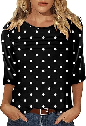 KISSMODA Women's Casual 3/4 Sleeve T-Shirts Round Neck Cute Tunic Tops Basic/Pleated Summer Tops Trendy Spring Blouses
