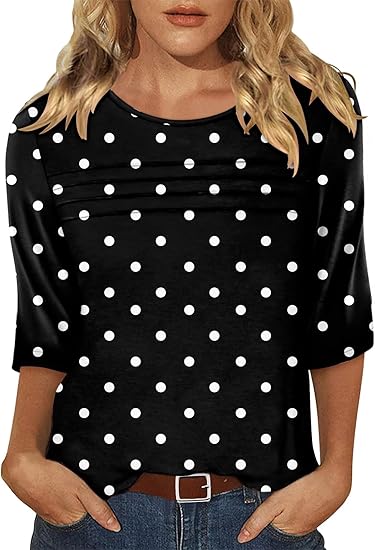 KISSMODA Women's Casual 3/4 Sleeve T-Shirts Round Neck Cute Tunic Tops Basic/Pleated Summer Tops Trendy Spring Blouses