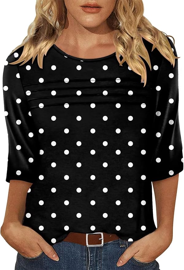 KISSMODA Women's Casual 3/4 Sleeve T-Shirts Round Neck Cute Tunic Tops Basic/Pleated Summer Tops Trendy Spring Blouses