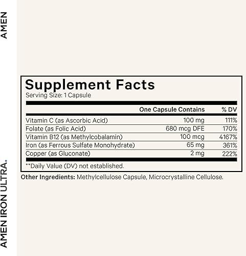 Miniatura 2 de Amen Iron Ultra Suplemento + cobre, folato, vitamina C y B12 - Suministro de 2 meses - Vitamina de hierro y sulfato ferroso - 65 mg por porción -