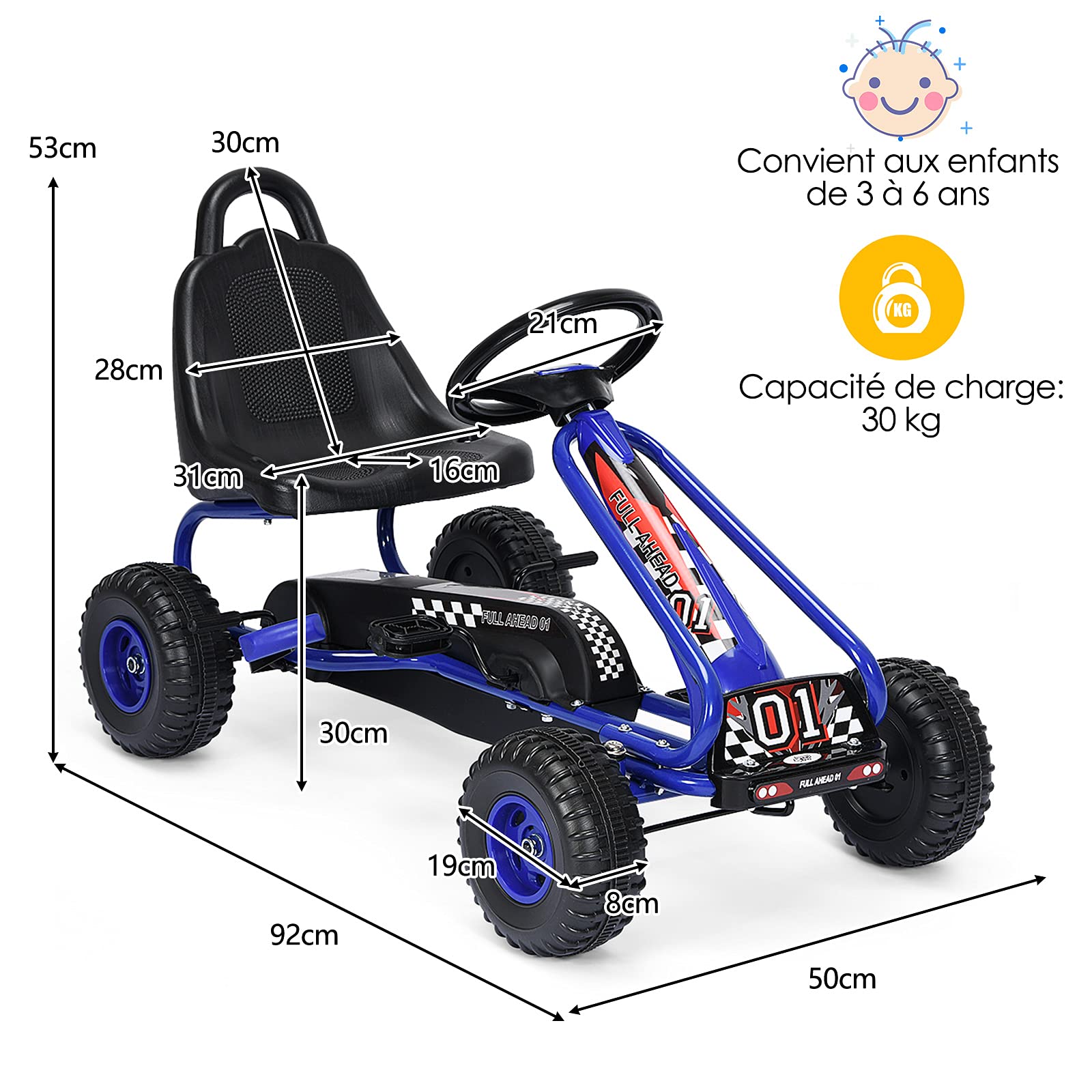 GOPLUS Go-Kart pour Enfant 3-6 Ans,Kart à Pédales Extérieur avec Siège Réglable sur 2 Positions, Frein à Main, Pneus,Go-Kart pour Garçons et Filles, 86 x 50 x 55CM (Bleu)