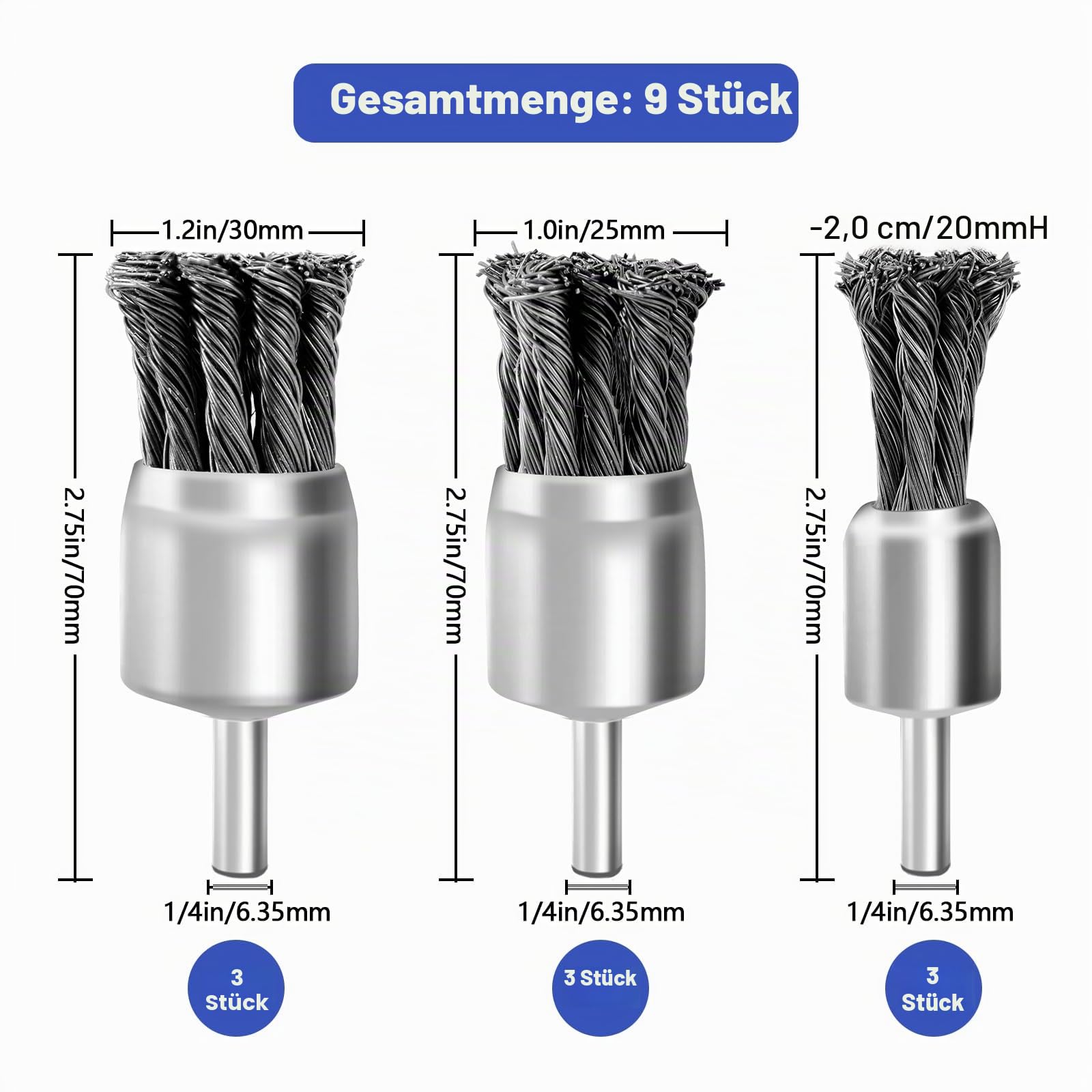 Drahtbürste für Bohrer, 6,35mm Zoll Dorn, Drahtbürste für Rost, Korrosion, Lackentfernung, 9 Stück, 20mm, 25mm,30mm