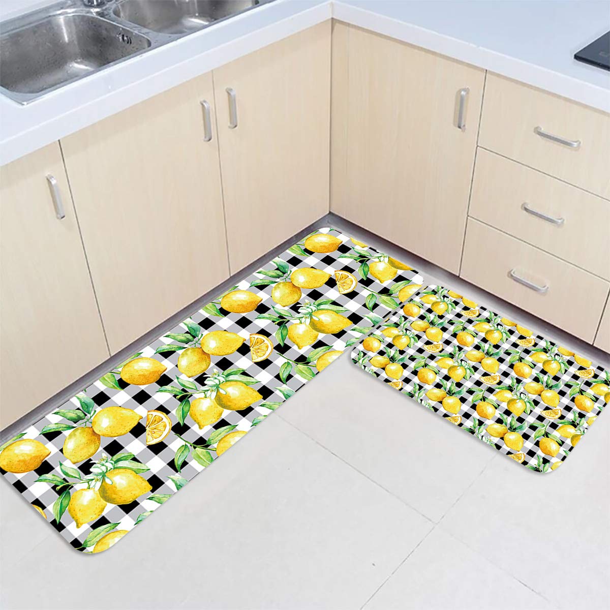 Kitchen Floor Mat Set of 2 Nature Fruit Comfort Cushioned Antifatigue Mats for Standing Waterproof Kitchen Rug Set for Home Office Lemon Black White Buffalo Check Plaid 15.7x23.6inch+15.7x47.2inch