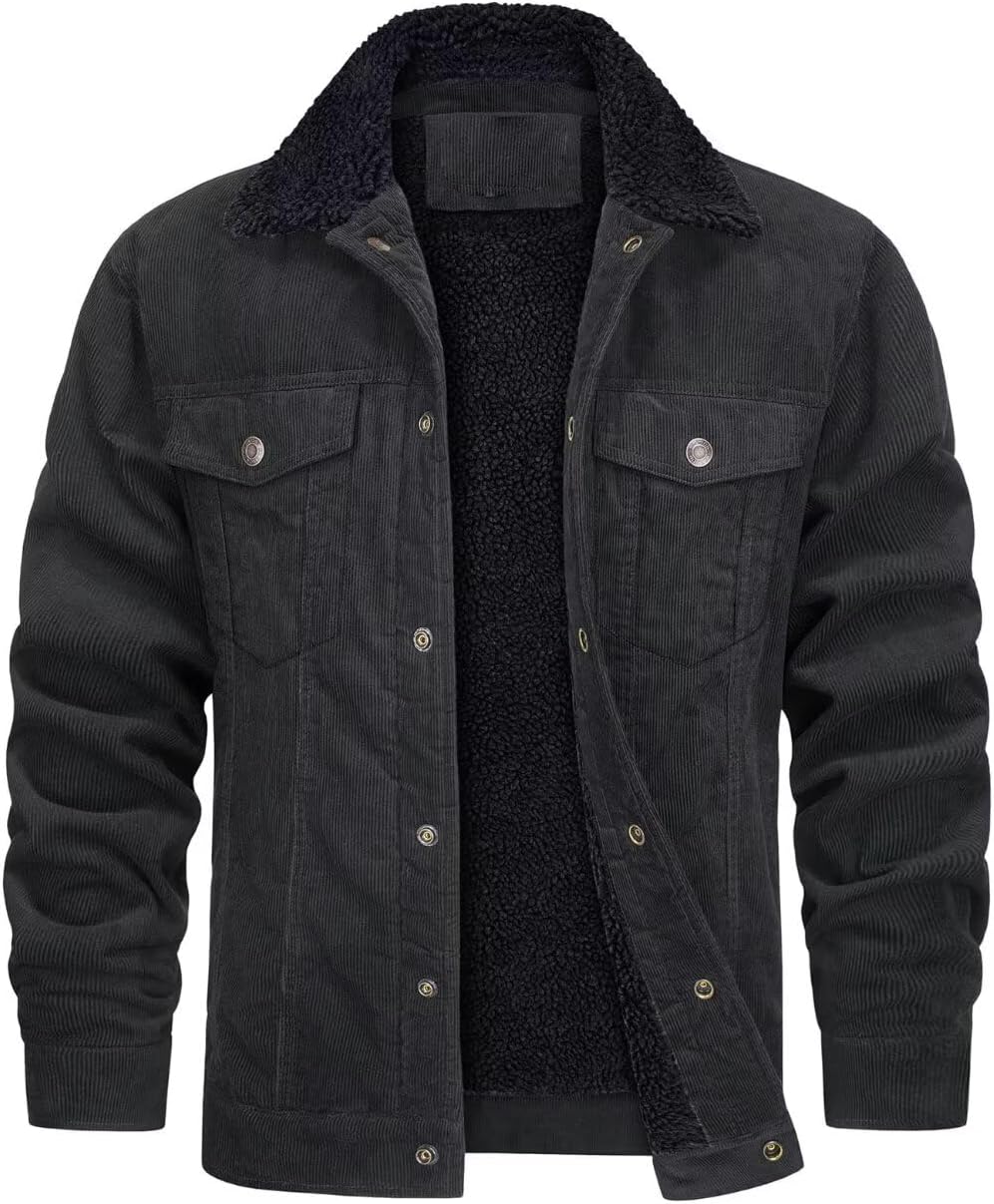 FTIMILD Mens Corduroy Jacket Sherpa Lined Trucker Jacket Lapel Snap Winter Warm Jacket