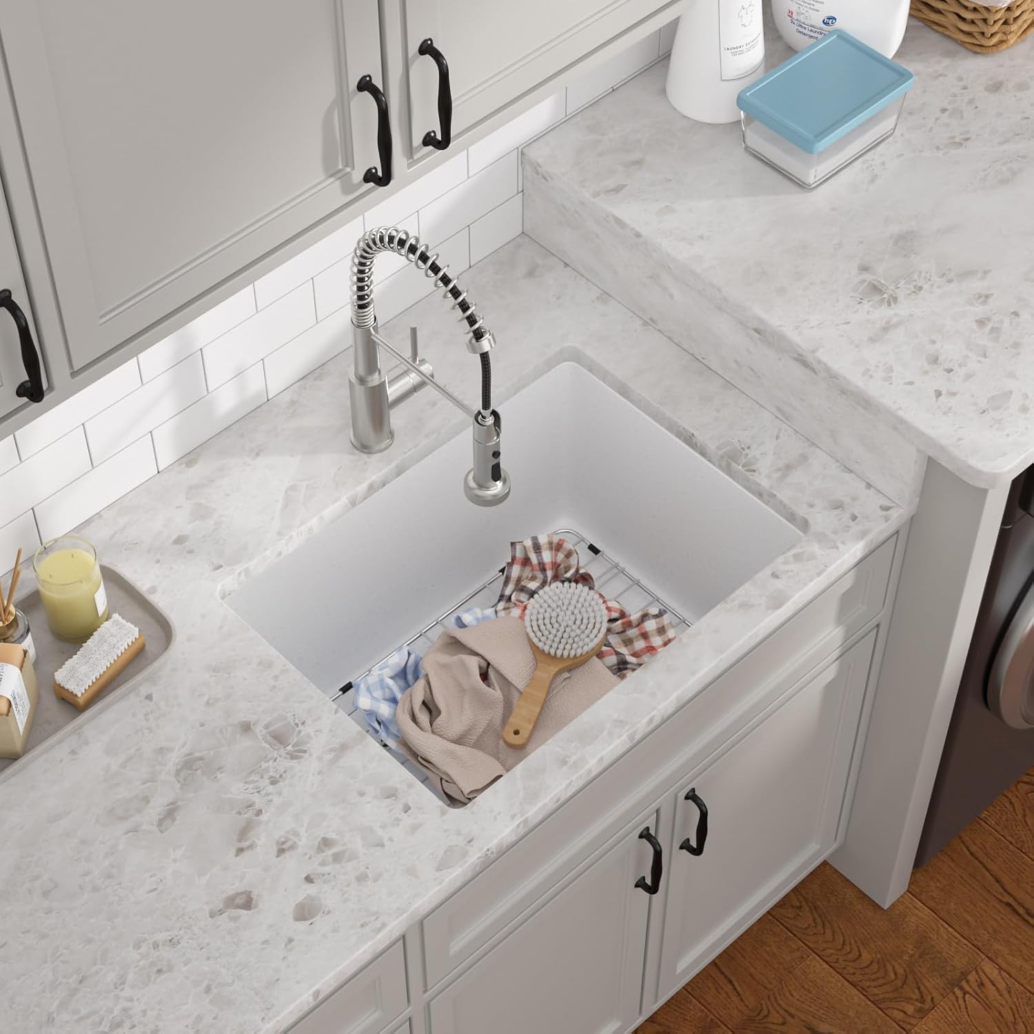 12" Deep White Laundry Utility Sink - 24"x18"x12" Granite Composite Undermount Laundry Sink White Quartz Classic Under Counter Single Bowl Extra Deep Sinks #TLGU-120