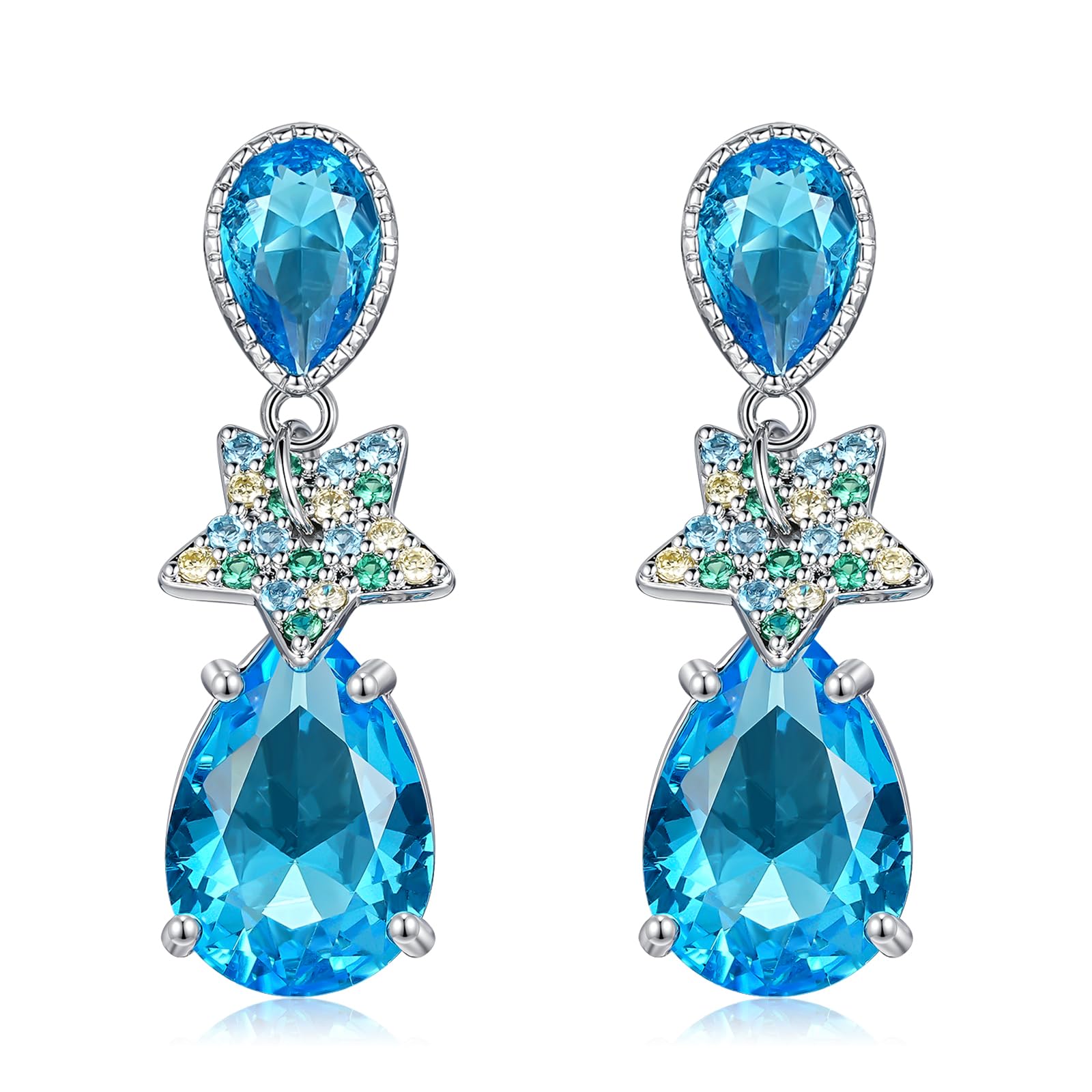 CiNily Waterdrop Star Stud Earrings for Women, 14K White Gold Dainty Birthstone Star Drop Earrings Sapphire Blue Cubic Zircon Stud Earrings Jewelry