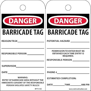 NMC RPT172 Accident Prevention Tag, "DANGER BARRICADE TAG", 3" Width x 6" Height, Unrippable Vinyl, Black/Red on White (Pack of 25)