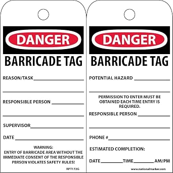 NMC RPT172 Accident Prevention Tag, Danger Barricade TAG, 3" Width x 6" Height, Unrippable Vinyl, Black/Red on White Pack of 25