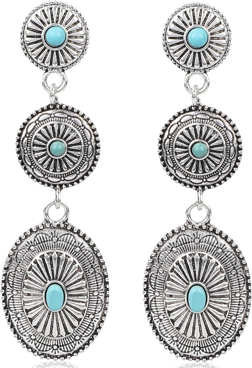 Western Earrings for Women, Oval Synthetic Turquoise Dangle Earrings Vintage Country Concert Concho Dangling Earring Nashville Cowboy Rodeo Outfit Dress Jewelry Gifts Accessories for Cowgirls