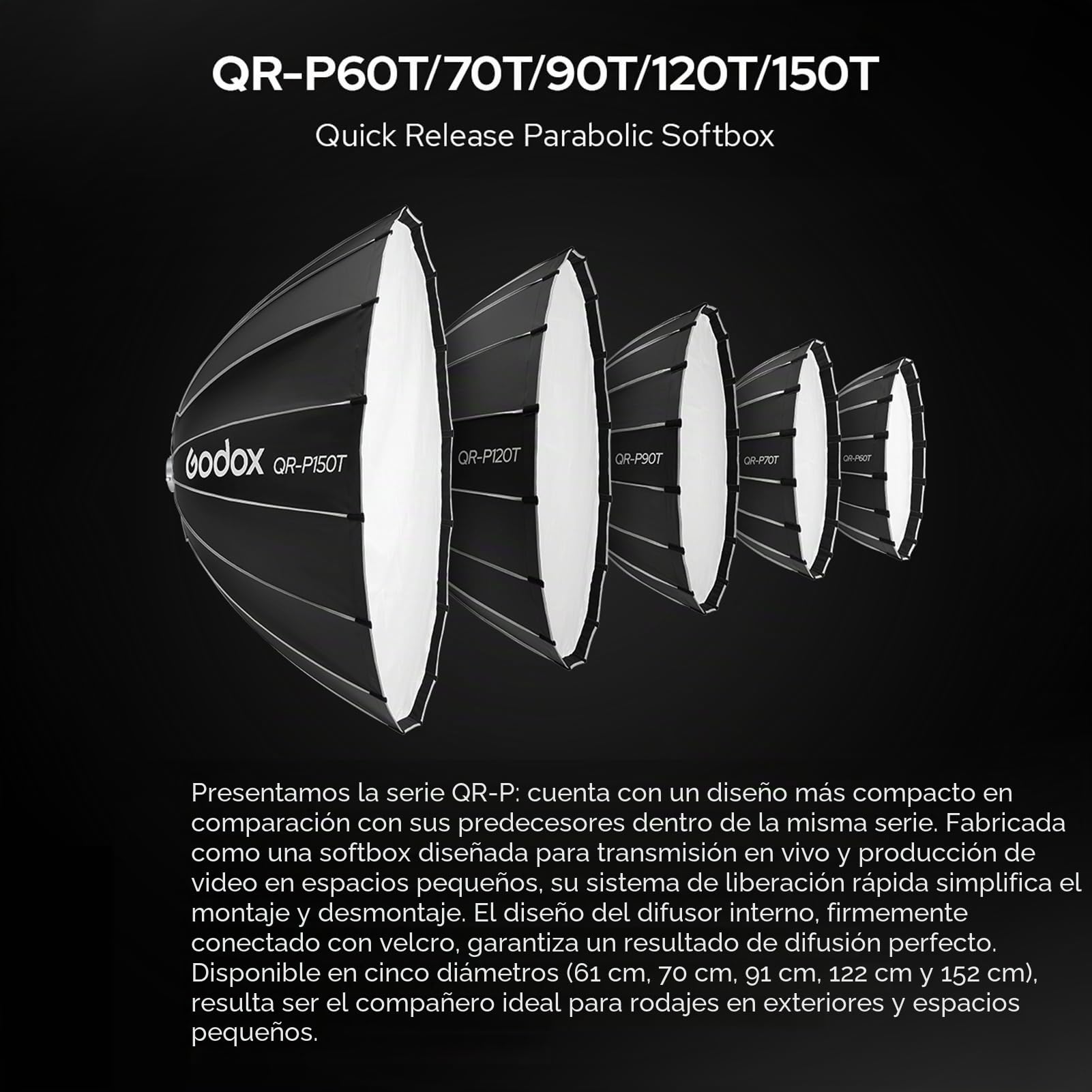 Godox QR-P150T Softbox parabólico de 150 cm/59 Pulgadas, liberación rápida con Soporte Bowens estándar y difusores para Flash Speedlite fotografía de luz Continua Retrato