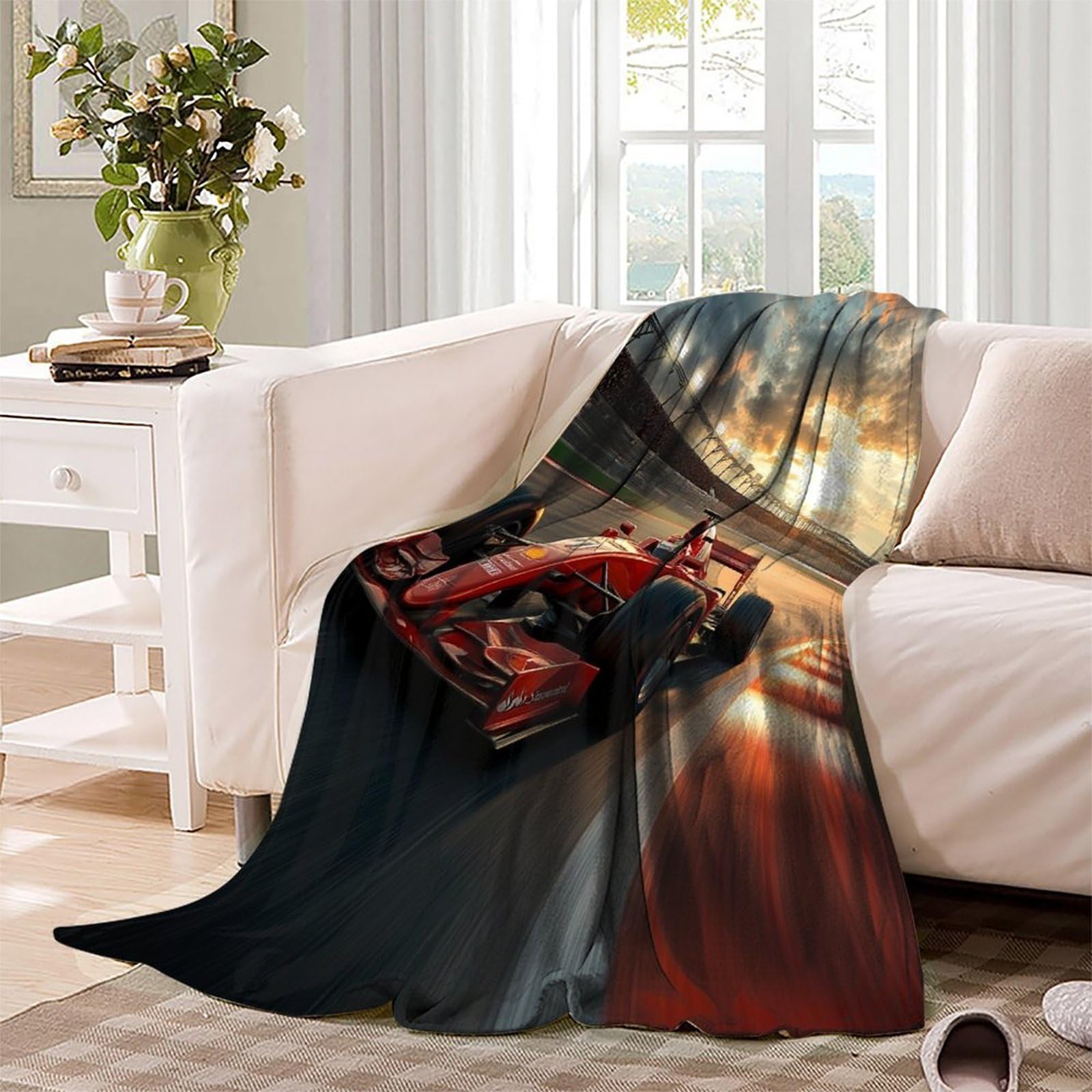 Przytulny koc na 4 pory roku, koc polarowy, na sofę, koc 200 x 230 cm, flanelowy, wyścigowy, miękki koc do mieszkania, narzuta na sofę, ciepły koc wyścigowy z mikrofibry