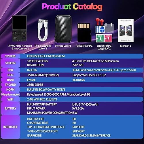 Vista 9 de XF40V - Consola de juegos de mano retro, consola de juegos retro con pantalla IPS de 4.0 pulgadas, sistema Linux integrado de 64G, sistema Linux