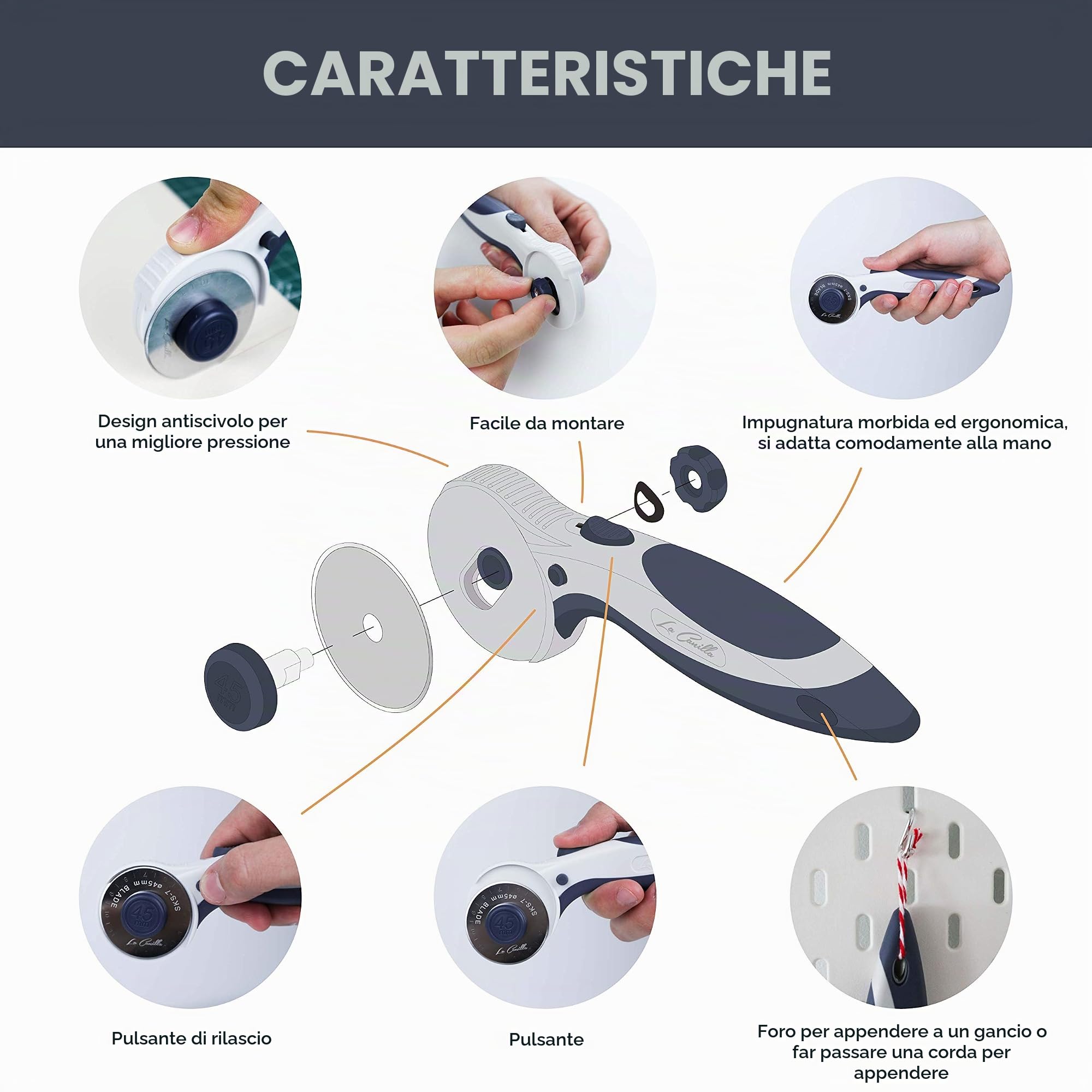 La Canilla Cutter per Tessuti Circolare 45mm, Patchwork, Sarta, DIY, Scrapbooking Taglierina di Precisione con 6 Lame di Ricambio