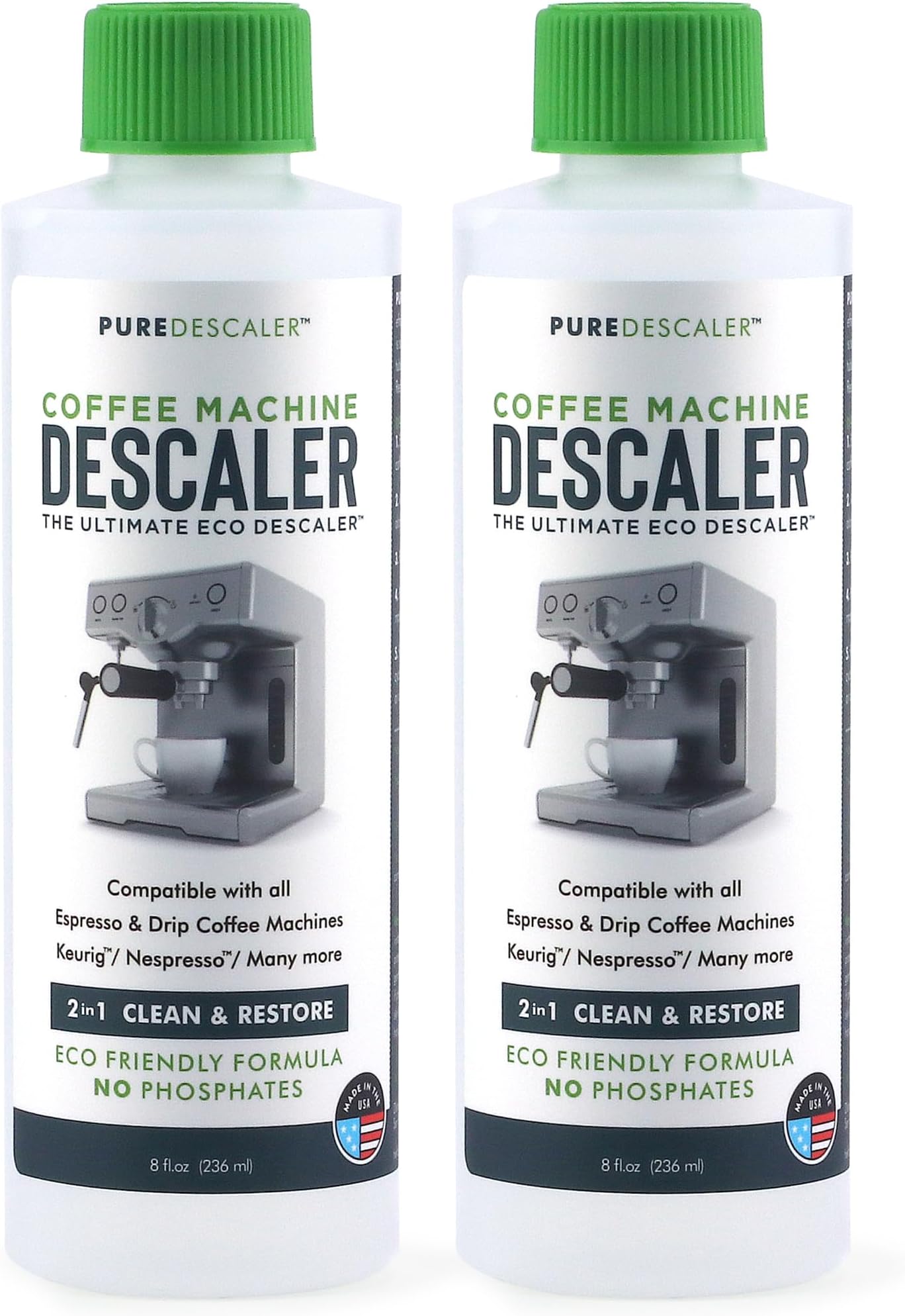 2 Pack, 2 Uses Per Bottle) Universal Coffee Machine Cleaner & Descaling Solution - Eco Safe for Keurig, Nespresso, De'Longhi, and all Drip and Espresso Machines Made in the USA