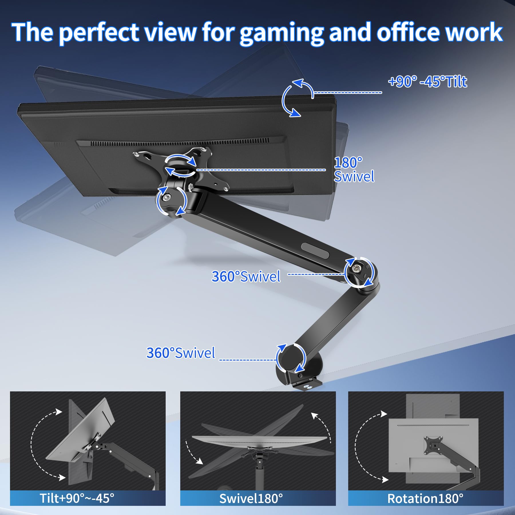 Support Écran PC Moniteur Bras Simple de 17 à 34 Pouces Ergonomique Ressort à Gaz Réglable Fixation Bureau Rotatif à 360° Capacité de Charge 2-9 kg VESA 75x75mm et 100x100mm M5B Noir