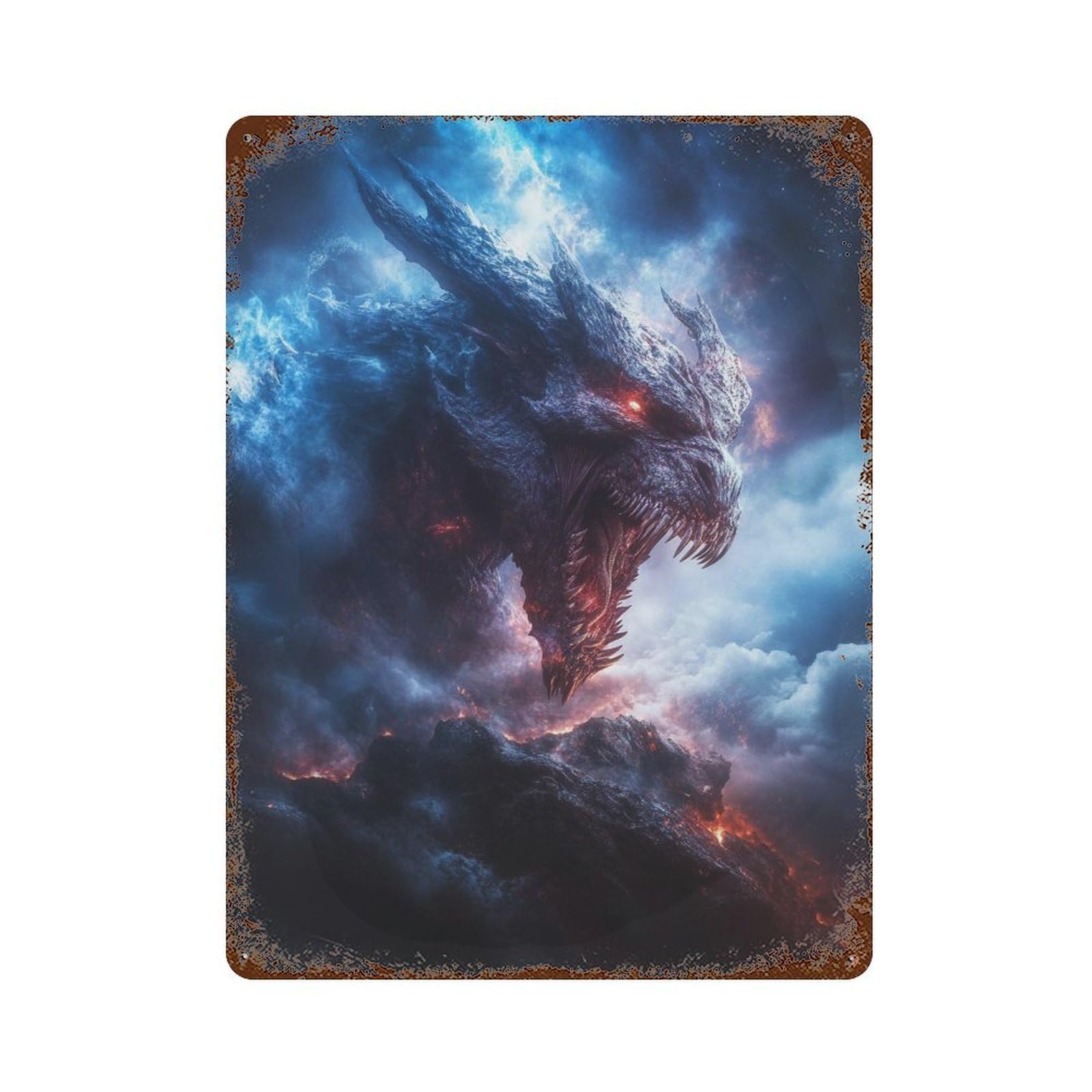 Decorative Tin Sign with Dragon in Fiery Sky Design 15.7"x11.8", for Farmhouse, Kitchen And Entryway Decor, Decorative Metal Wall Art