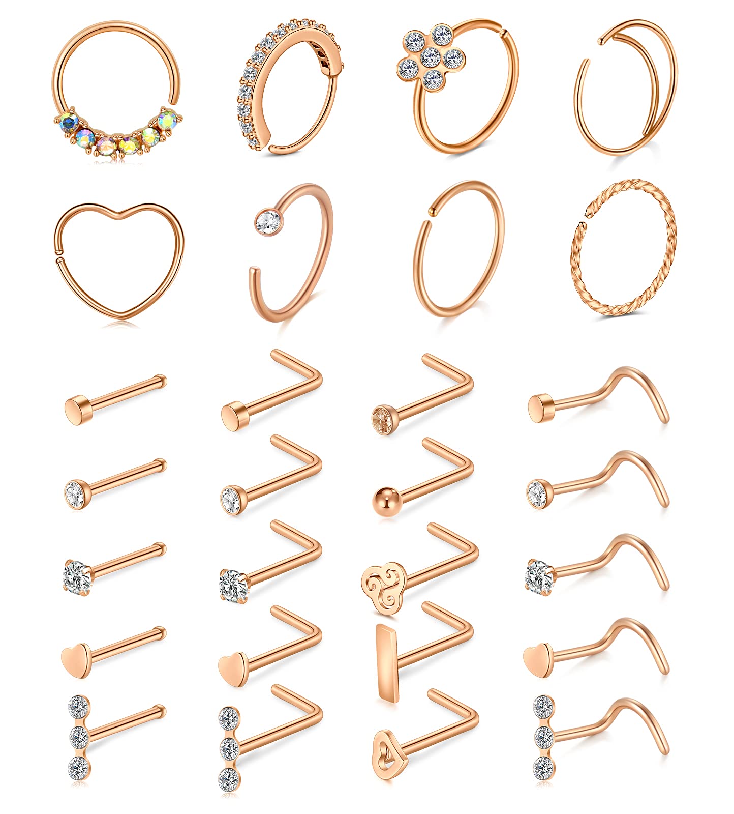 Boucle De Nez Piercing Noir 316L Acier Chirurgical - Double Ligne Avec Cristaux CZ - Taille 20G, Diamètre 6/7/8 Mm