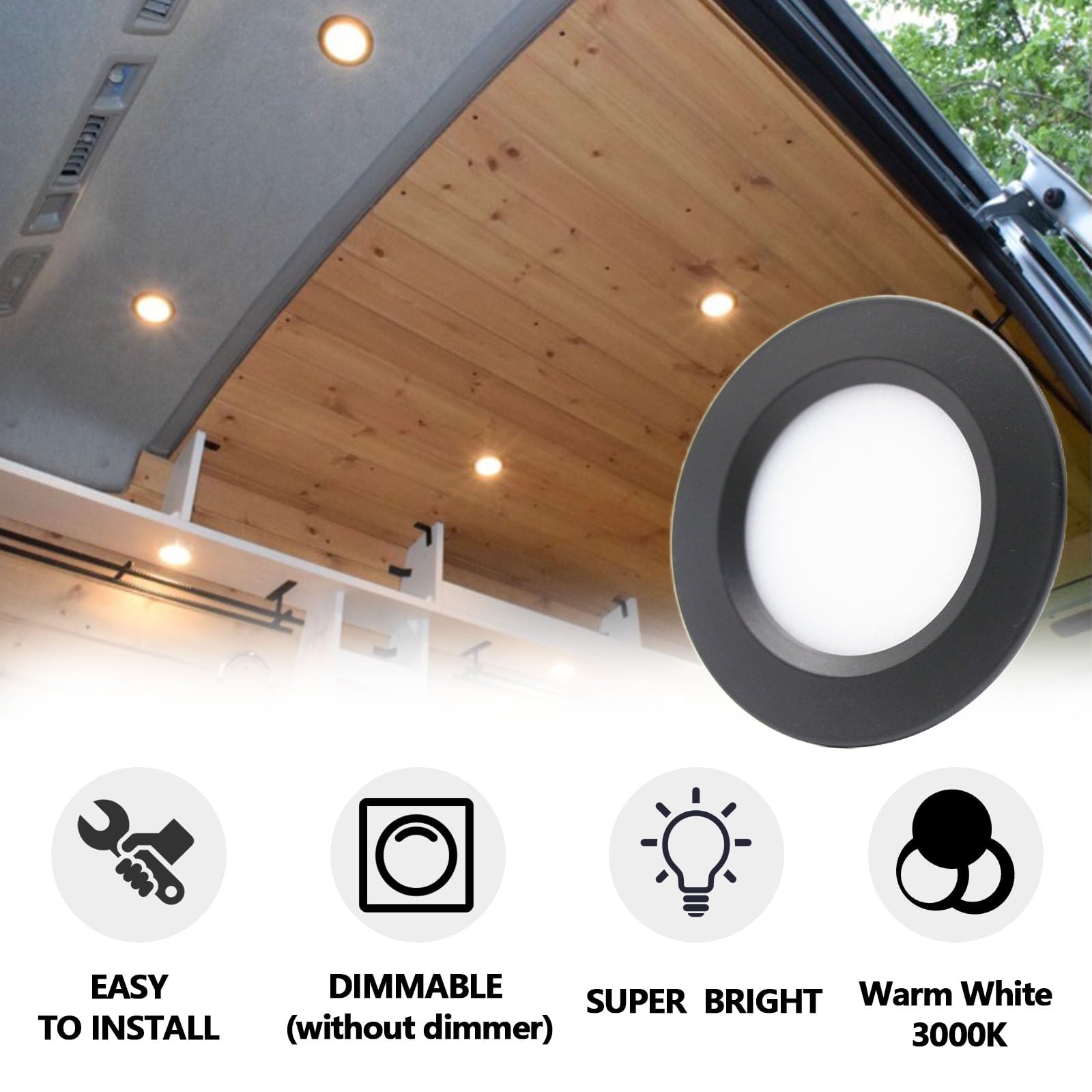12V Campervan Encastré LED Mont Plafond Lumières Dimmable Lumières Tache 3W 3000K Lumière Chaude Pour T4 T5 Caravane Bateau Yacht Caravane Cabine Sous CRI 92+ 6 Pièces Noir