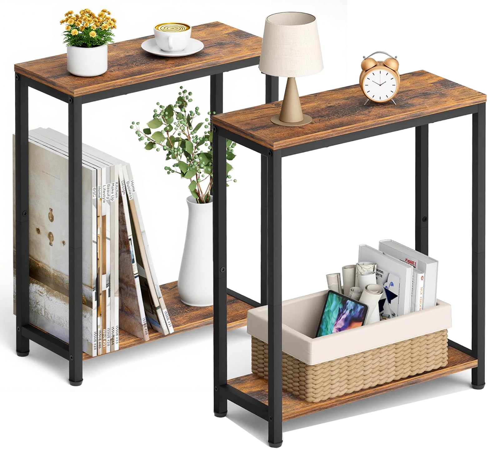 MISSLO Small Side Table Set of 2, Narrow Sofa Side Table, 2 Tier Slim Bedside Tables for Living Room, Bedroom, Couch, Skinny Nightstands, Rustic Brown and Classic Black