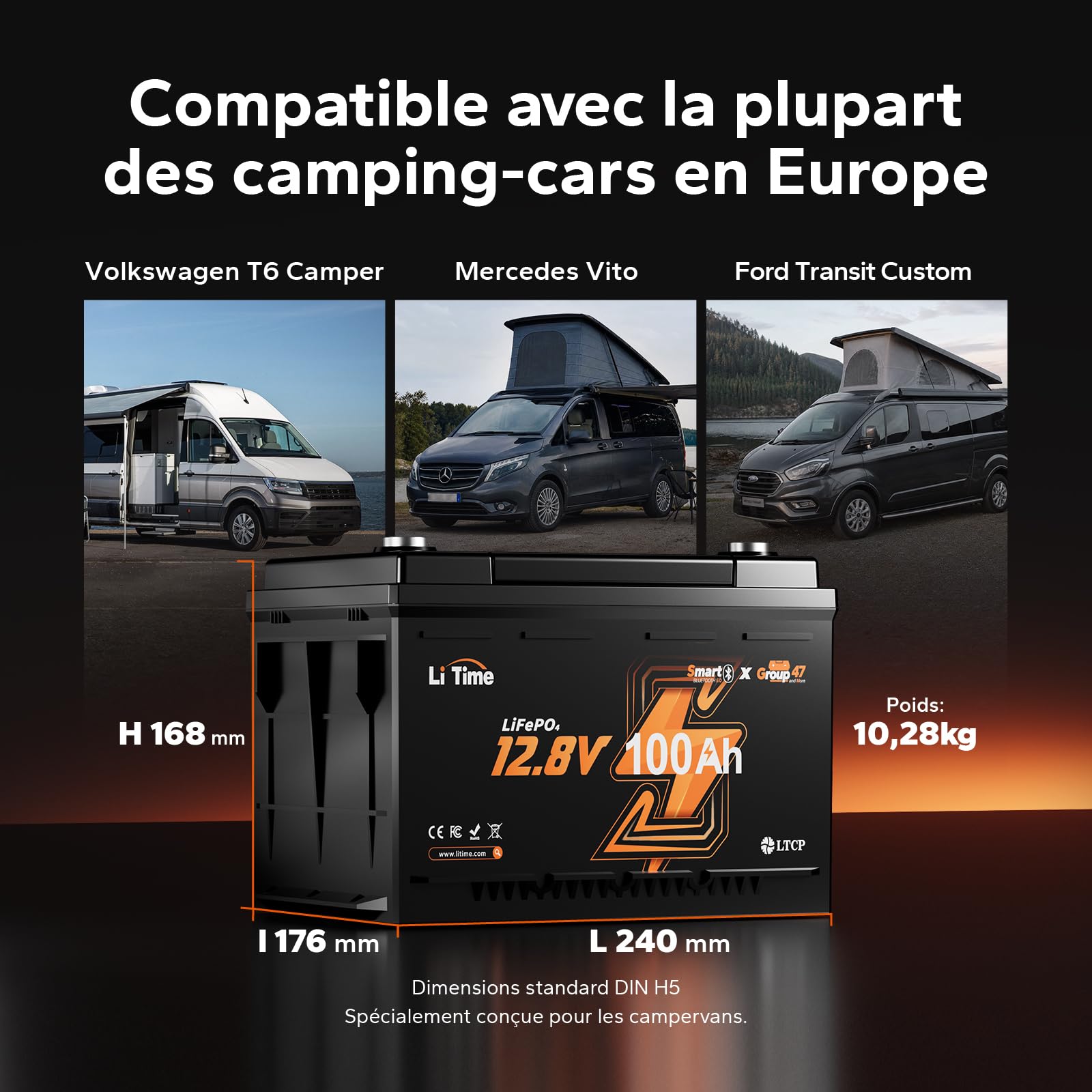 LiTime Batterie Lithium 12V 100Ah H168 LiFePO4 pour Camping-Cars et Fourgon | Bluetooth, 100A BMS, Max. 15000 Cycles, Énergie 1280Wh, IP65, Protection Anti-froid, pour Camper Van, Caravane, Bateaux