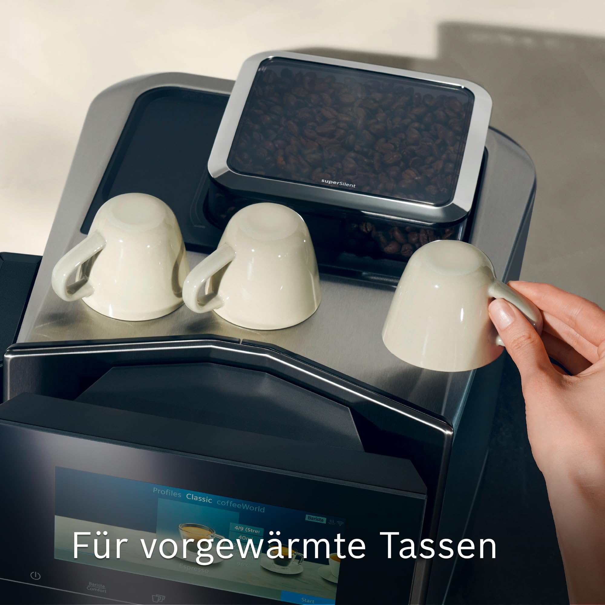 Siemens Kaffeevollautomat EQ900 plus, großes farbiges TFT-Display, autom. Reinigungsystem via Kartuschen, 36 Heiß- und Kaltgetränke, Cold Brew, Doppeltassenfunktion, super leise, Edelstahl, TQ905DZ3 | Großes farbiges TFT-Display, Autom. Reinigungsystem vi