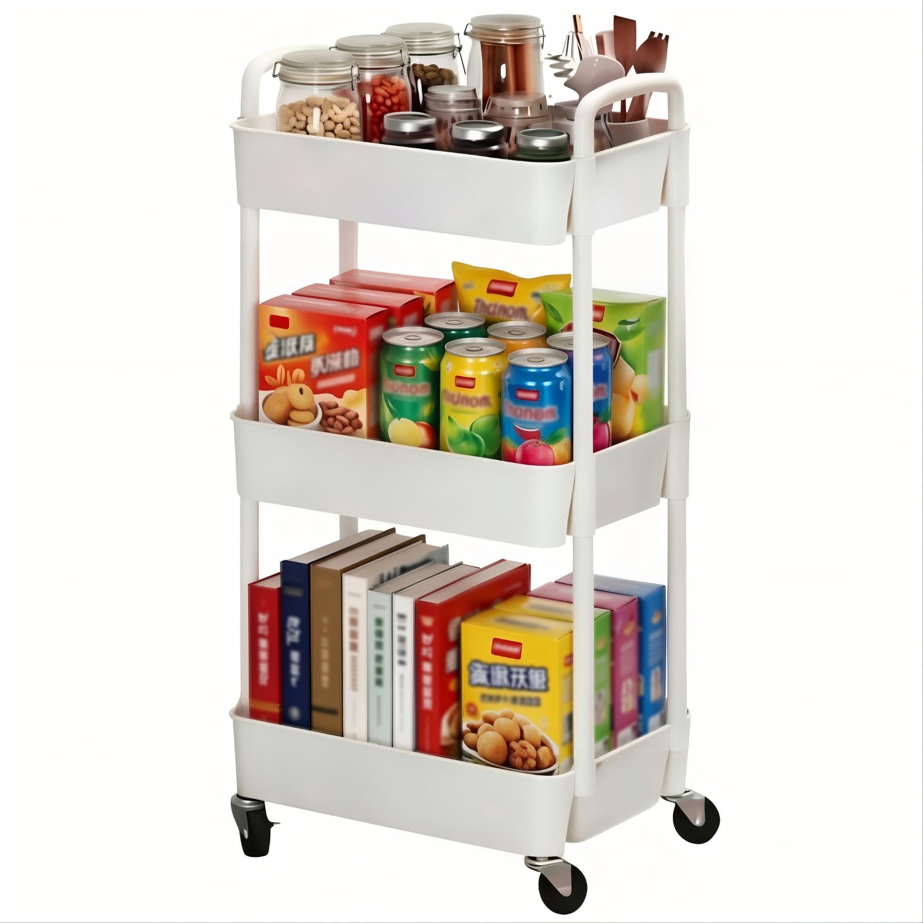 Sywhitta 3-Tier Plastic Rolling Utility Cart with Handle, Multi-Functional Storage Trolley for Office, Living Room, Kitchen, Movable Storage Organizer with Wheels, White — image 1