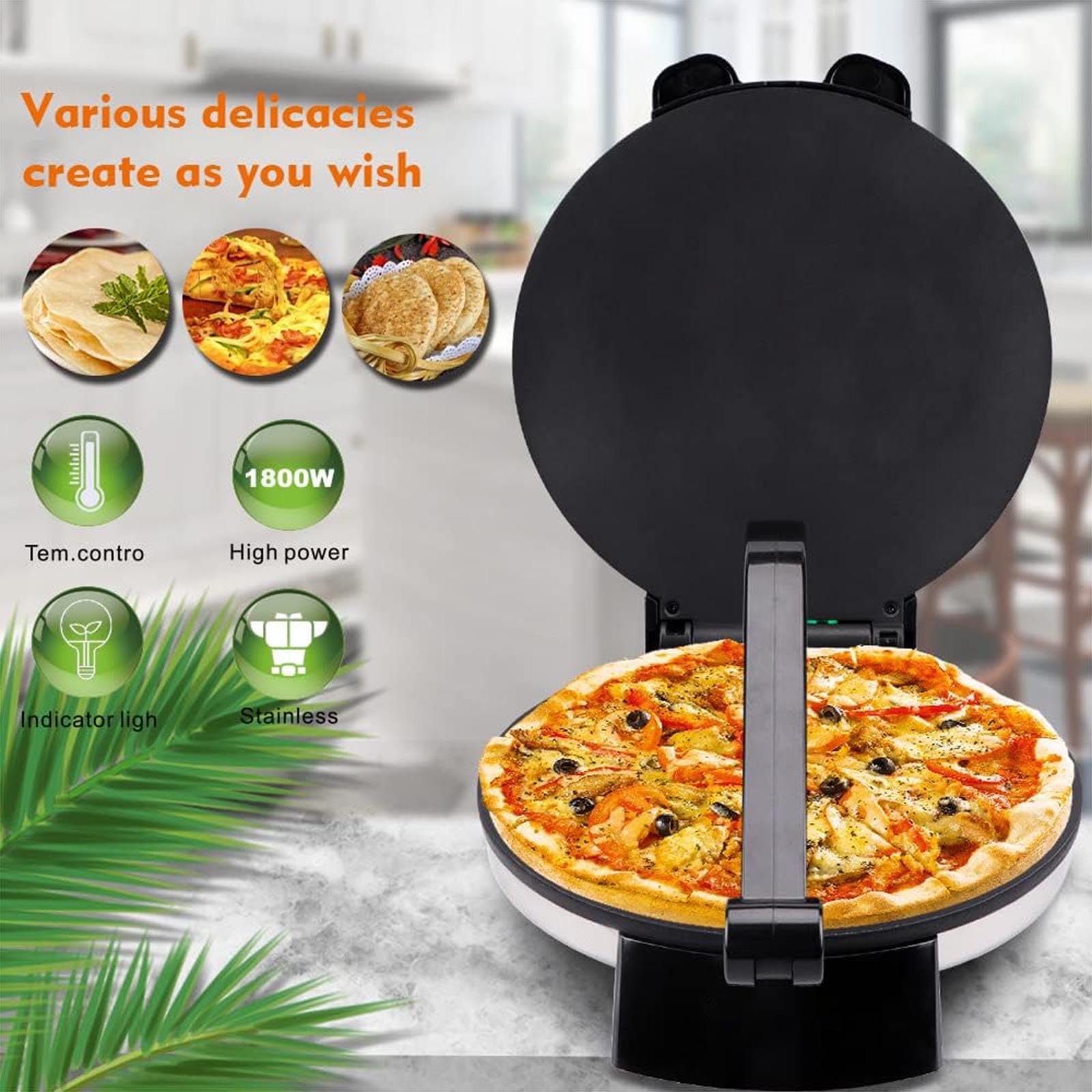 1200W Pressa Elettrica Chapati, Macchina Tortilla Antiaderente, Riscaldamento Bifacciale, Termostato Regolabile, Nero Pulito Facile