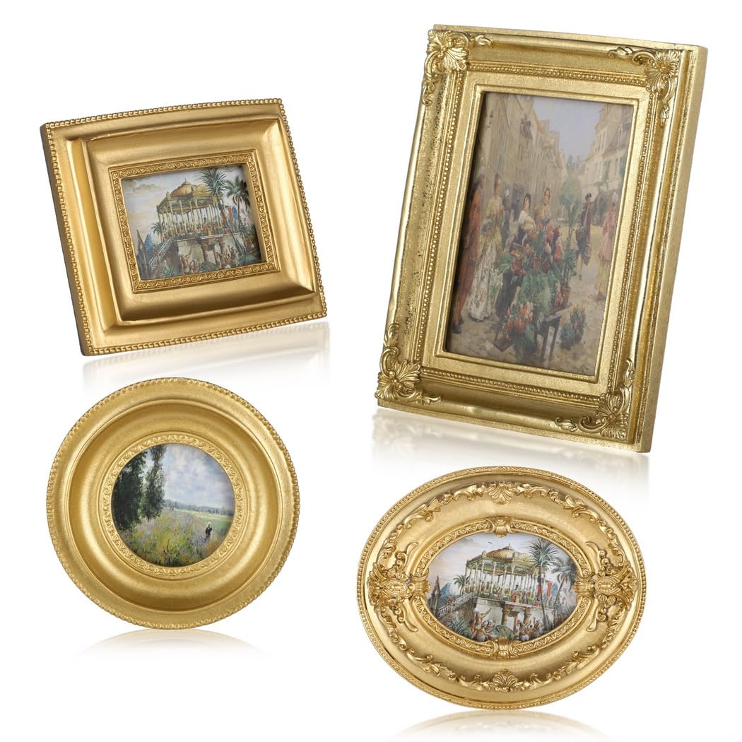 Barokowe mini ramki na zdjęcia, kolaż, dekoracja galerii domu, 4 szt. ramki na zdjęcia w stylu vintage, złote tłoczone antyczne ramki na zdjęcia, do montażu na stole i na ścianie