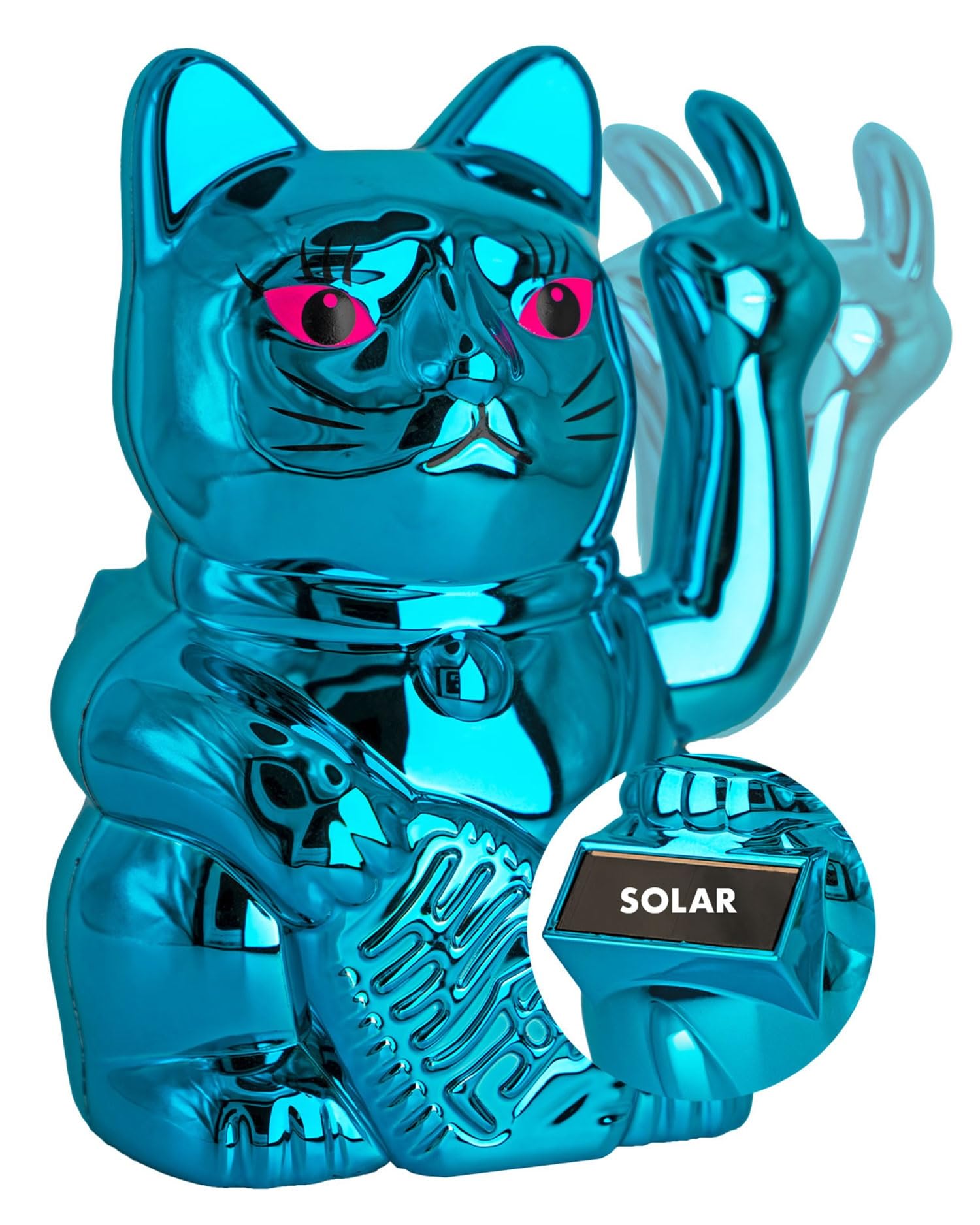 ANGRY CAT Mini Waving Cat Lucky Cat - Solar Powered Funny Waving Cat - Japanese Waving Cat with Stink Finger - Decorative Wobble Figure Cat - Waving Arm with Middle Finger - 10 cm, Turquoise-Blue