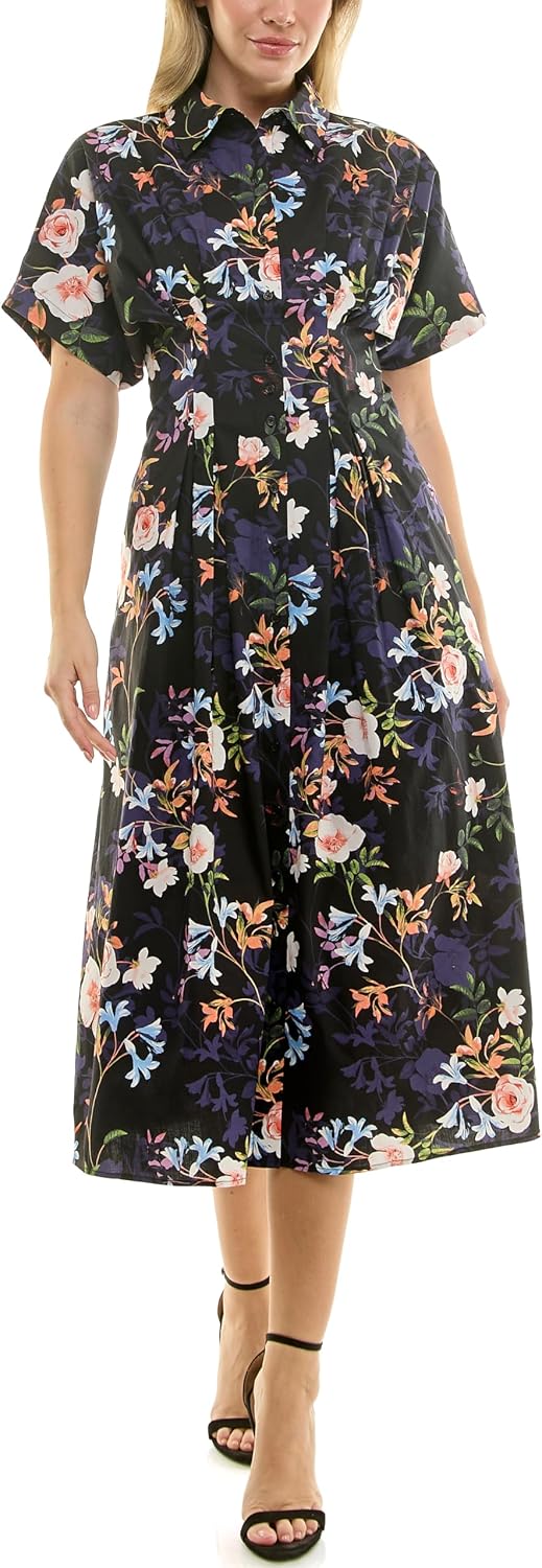 Nicole Miller New York Women's Pintucked Midi Shirtdress Printed with Pockets