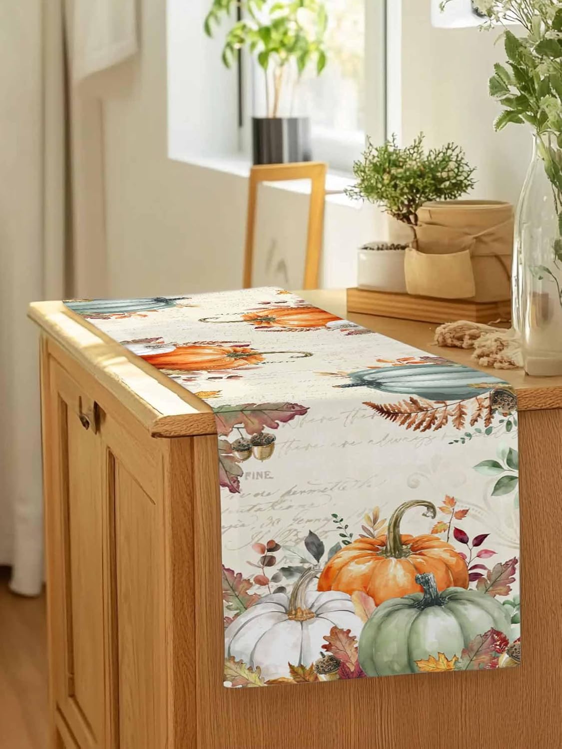 Cotton Linen Table Runner - Vintage Fall Orange Green White Pumpkins - Rustic Fallen Leaves - Autumn Thanksgiving Farmhouse Table Runner for Dinning Table - 13x90 Inch