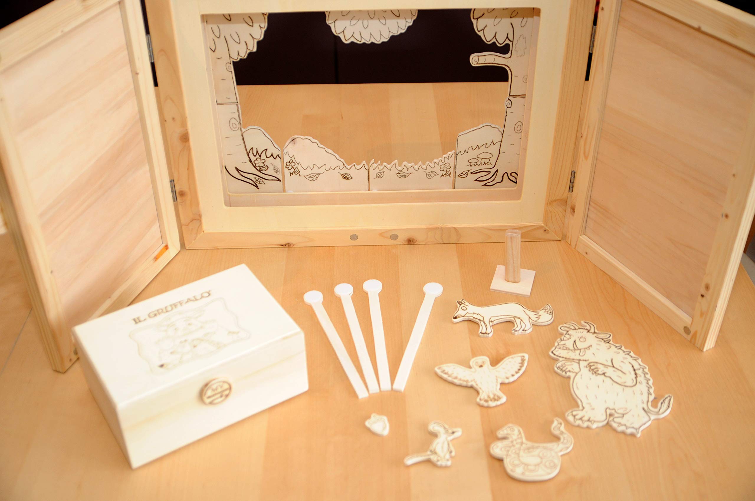 Teatrino in Legno fatto a Mano, Gioco Portatile per Bambini. Kamishibai. Teatro Giapponese delle Ombre + Scatola con Personaggi, Marionette in Legno "Animali nel Bosco".