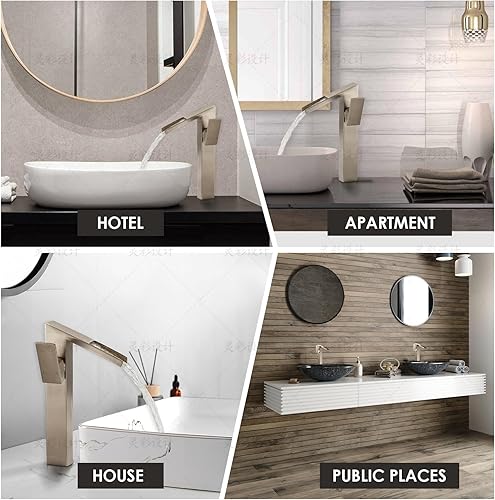 Miniatura 8 de AUU Grifo de lavabo de baño en cascada de latón macizo, elegante grifo de lavabo de un solo orificio (níquel cepillado)