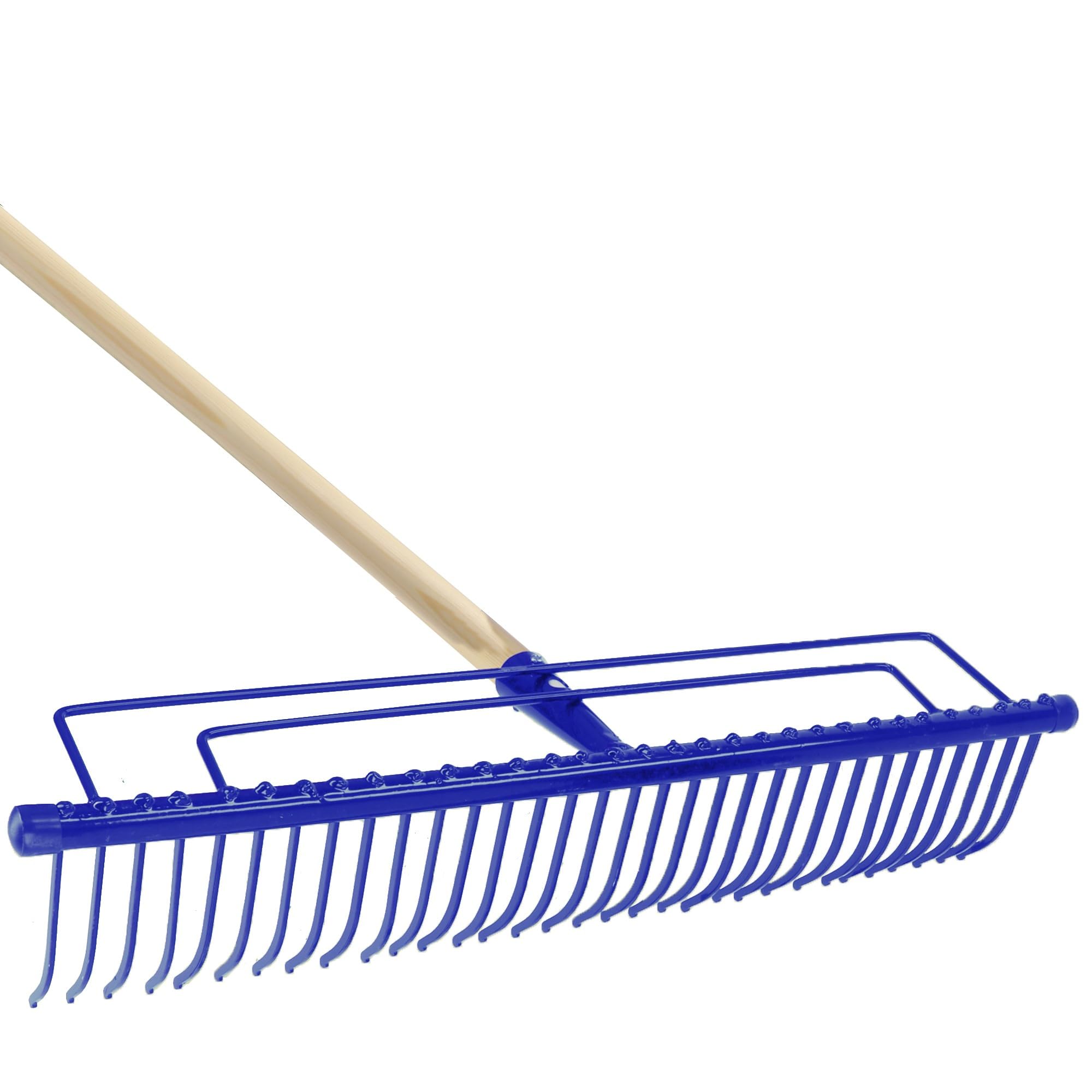 KADAX Rastrillo de metal, rastrillo ancho con cabeza reforzada, rastrillo de jardín con mango largo de madera, resistente herramienta de jardín (32 dientes, azul)