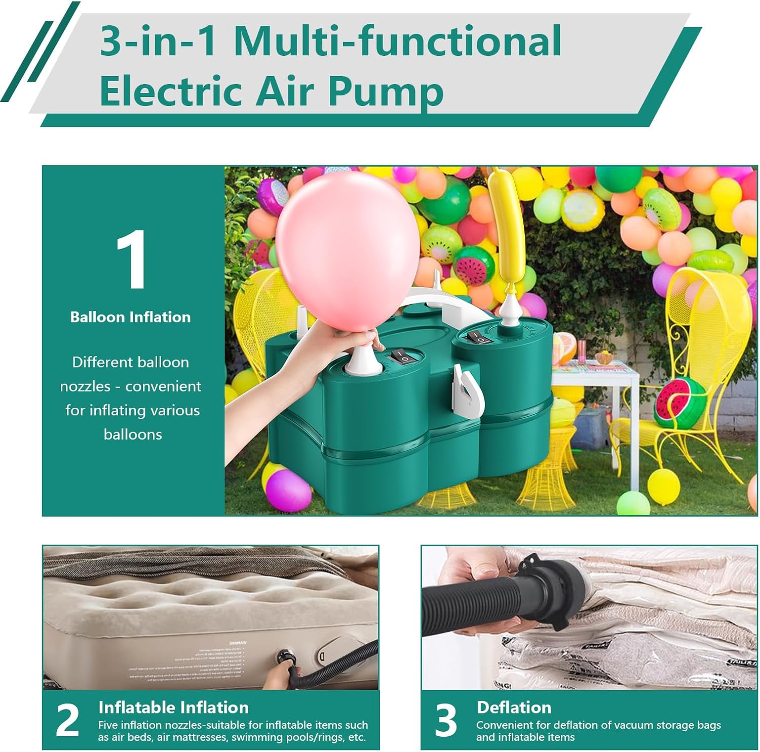 FunHot Electric Balloon Pump with Balloons Set, Portable Dual Nozzle Air Pump for Balloons, Green White 3-in-1 Balloons Blower Machine with Sage Green 1 Balloons for 1st Birthday Party Decoration
