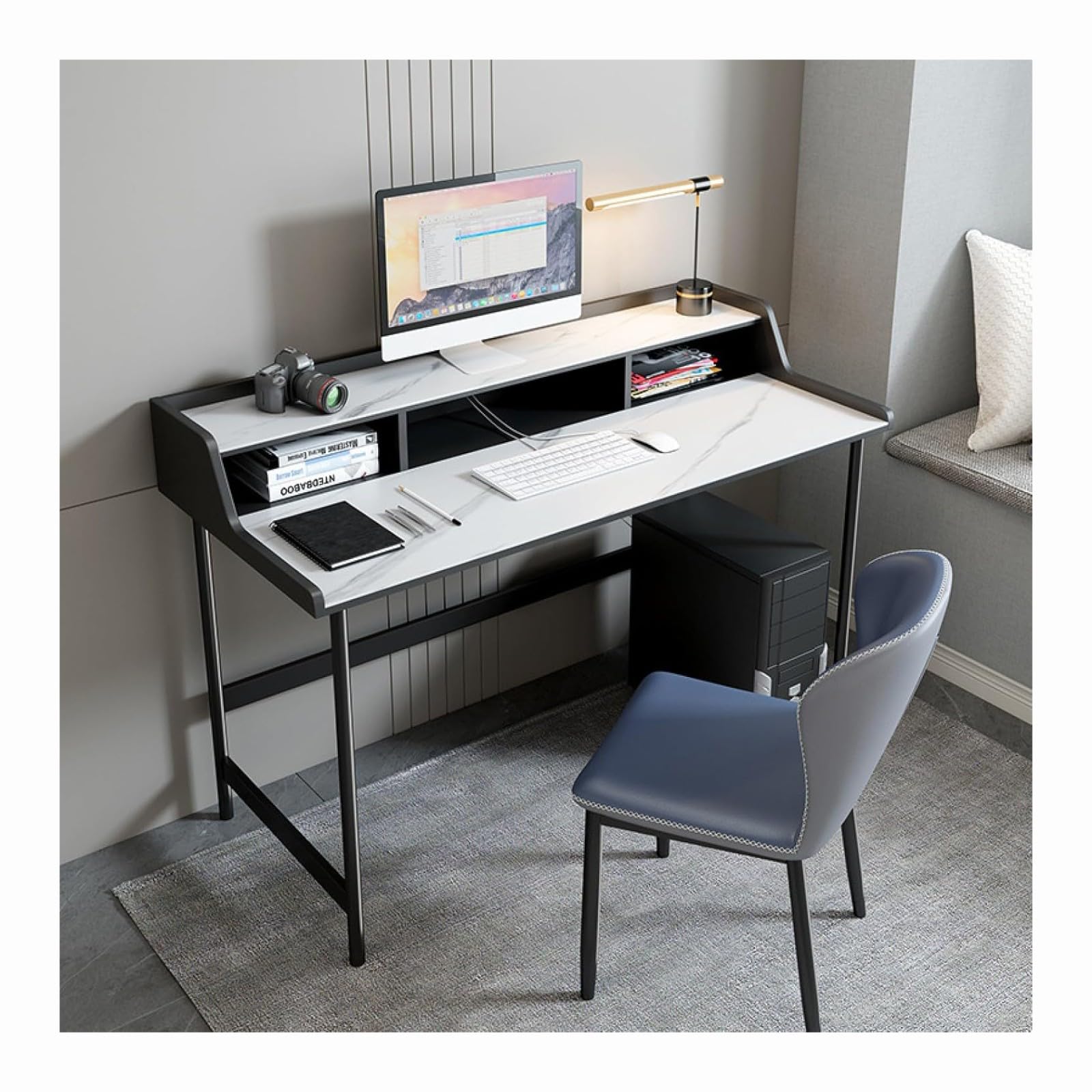 WDSOPK Computer desk Home Office Desk Small Computer Desk, Modern Slate Laptop Desk,Bookshelf Workstation for Study Play Work Bedroom Home Office（80CM）