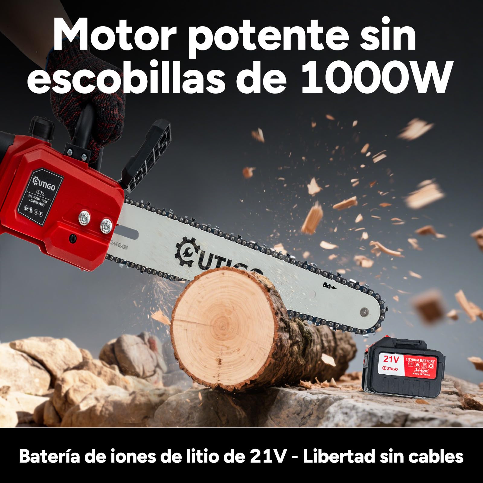 OUTIGO Motosierra Bateria, Motosierra Eléctrica 12 Pulgadas, 2 * 4500mah Batería, Motosierra 1 Cadena a+ 1 Barras de guía, Motosierra eléctrica inalámbrica 1000w