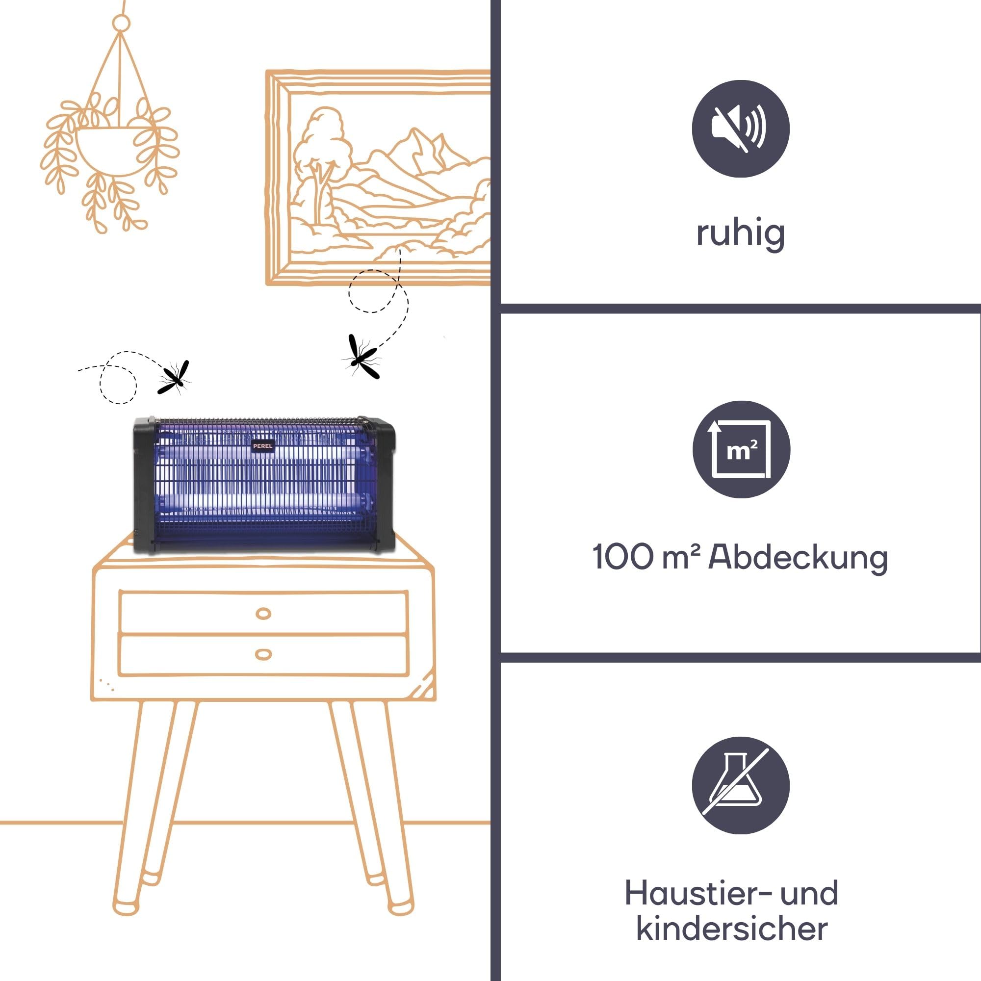 Perel Elektrischer UV Insektenvernichter innen, 2800V Hochspannungsgitter, leise Fliegenlampe mit entnehmbarer Metall-Auffangschale, 100 m² Abdeckung, chemiefreie Insektenbekämpfung