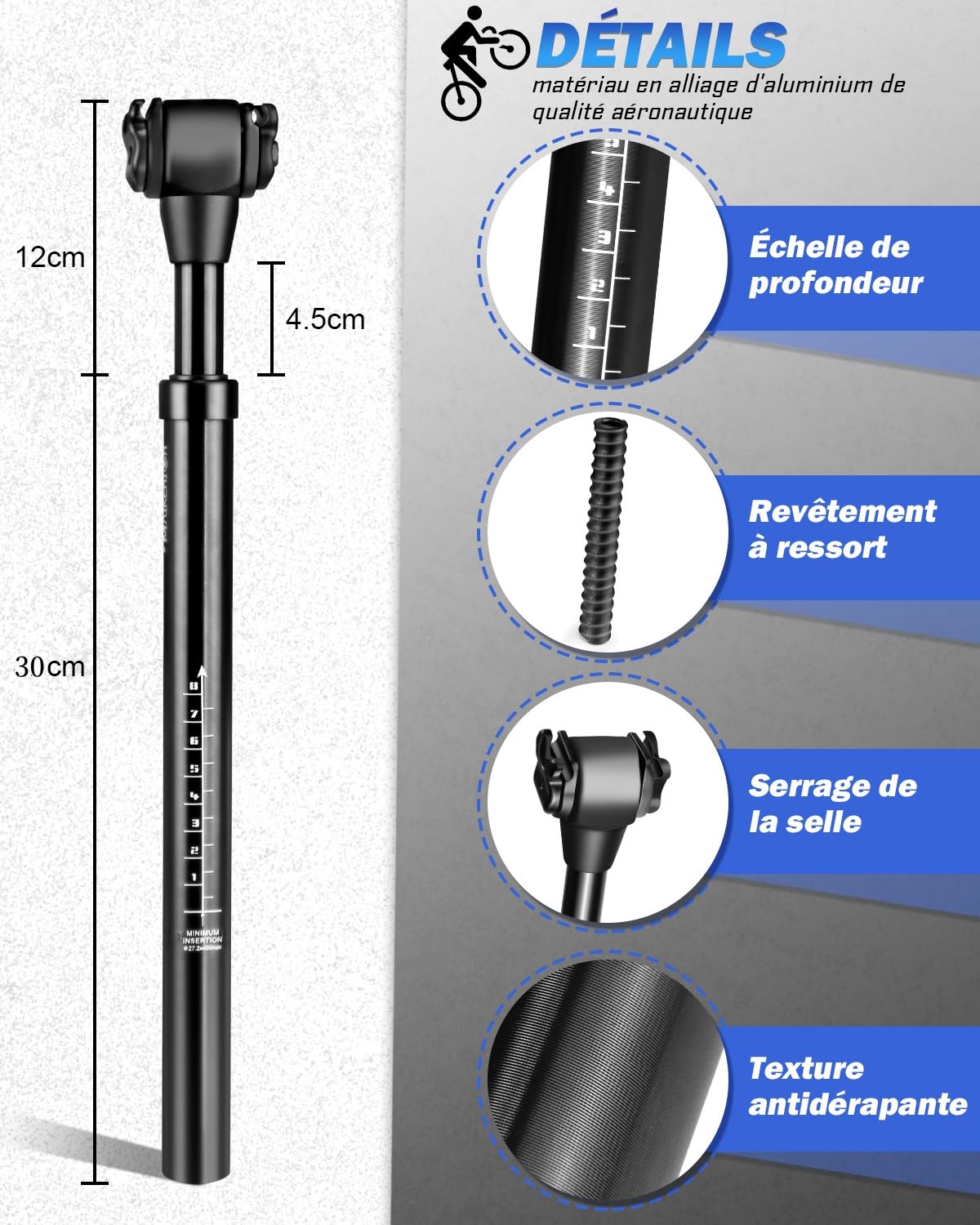 MAIKEHIGH Tige de Selle pour Vélo Suspendue, Aluminium Tube de Selle Amortisseur Ø27,2/30,9/31,6mm avec 2 Manchons Réducteurs 2 Ressorts pour VTT Vélos de Ville Vélo de Route