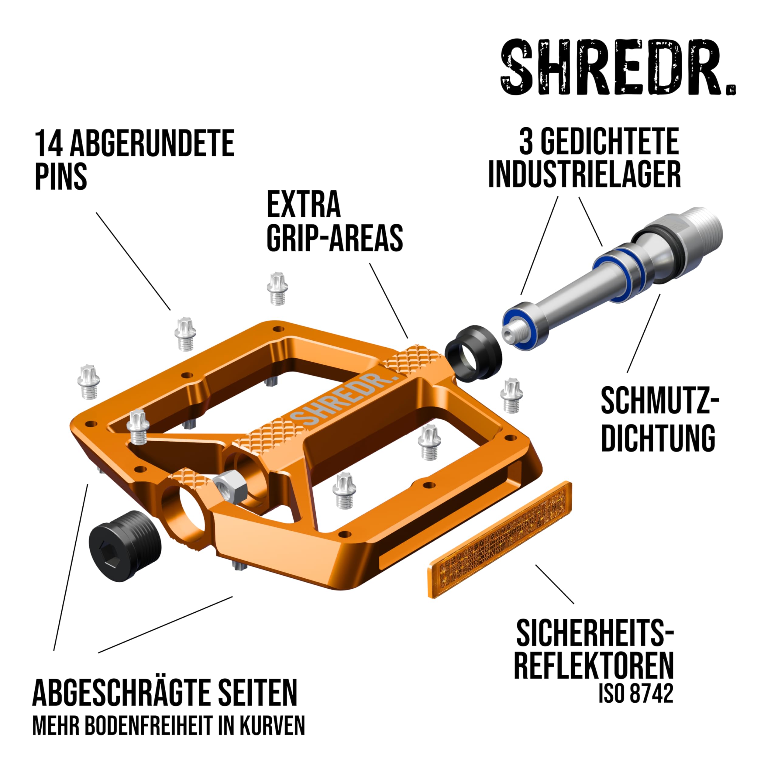 Shine - Pédales plates de qualité supérieure pour VTT - Avec réflecteurs (conformes à la StVZO) - 2 tailles