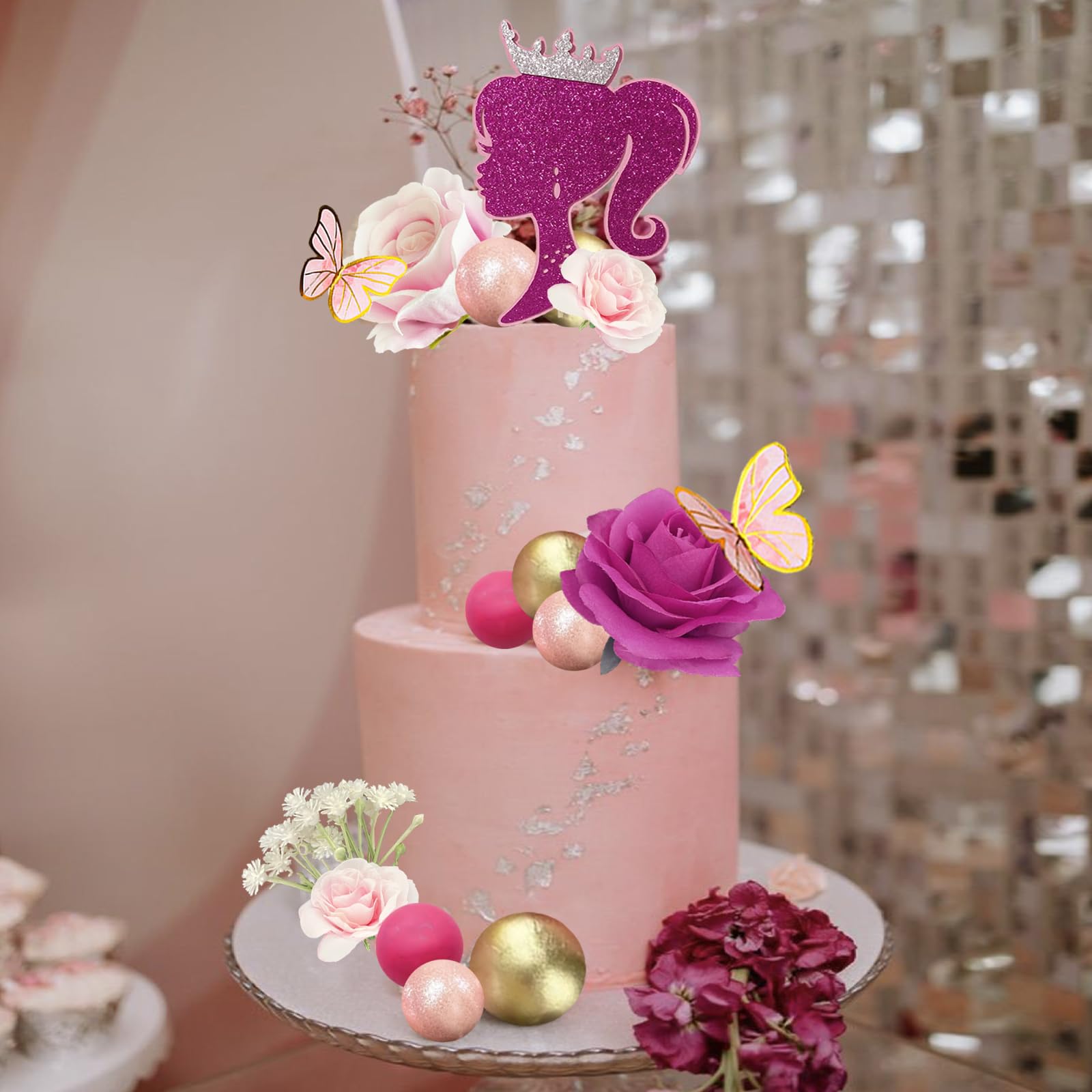 Hot Pink Girl Cake Topper Set With Butterflies & Balls - Boho Decor For Birthday, Baby Shower - View #4