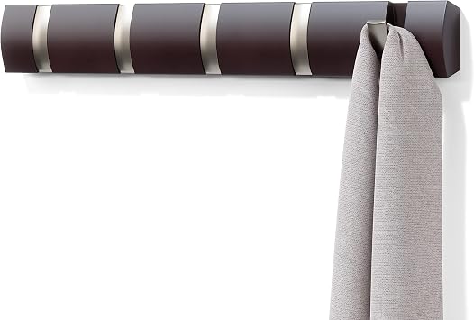 Umbra Flip Wall-Mounted Coat Rack with 5 Hooks Modern, Space-Saving Storage for Hats, Jackets, Bags, Entryway, Mudroom, Closet, Bathroom, Bedroom Espresso/Nickel