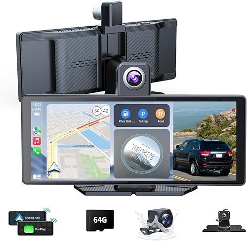 Tucarwyi 10.26" Wireless Portable Carplay Screen CarPlay & Android Auto Car Stereo 360 Rotation 4K Dash Cam 1080p Rear Camera Mirror Link Voice Control, GPS Navigation, FM Radio Receiver