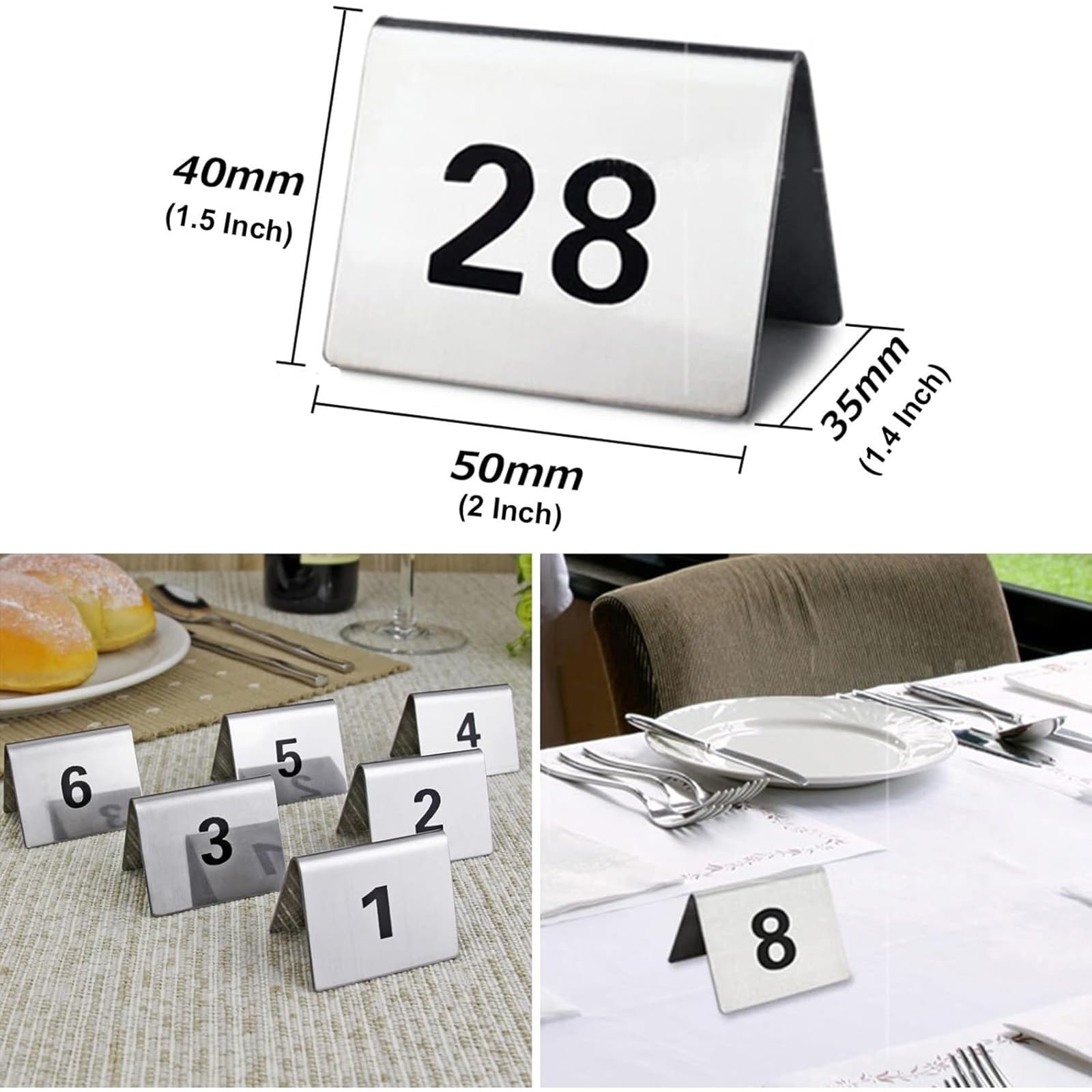 ROFBIHG Letreros de Número De Mesa, Placas De Reserva Estilo Carpa, Tarjetas de Ubicación MetáLicas con Números De Orden De Mesa, Ideales para Restaurantes, Cafeterías, Bares, Reuniones(1-50)