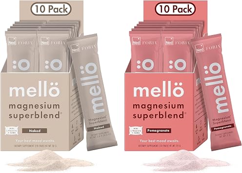 mello Magnesium Superblend Bundle - Pomegranate & Unflavored - Magnesium Glycinate with L-Theanine, GABA & Trace Minerals - Supports Sleep, Relaxation, and Balanced Energy - 2 x 10-Packs