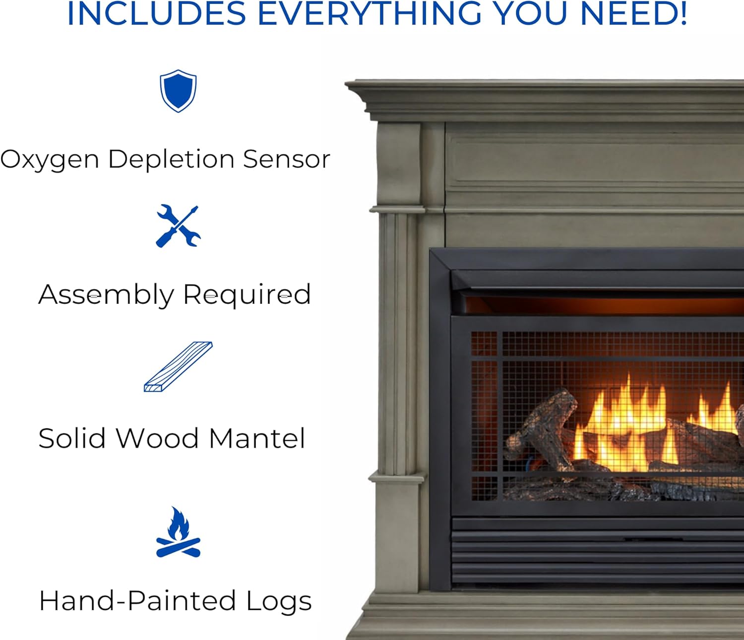 Diagram showing included components: Oxygen Depletion Sensor, Assembly Required, Solid Wood Mantel, Hand-Painted Logs.