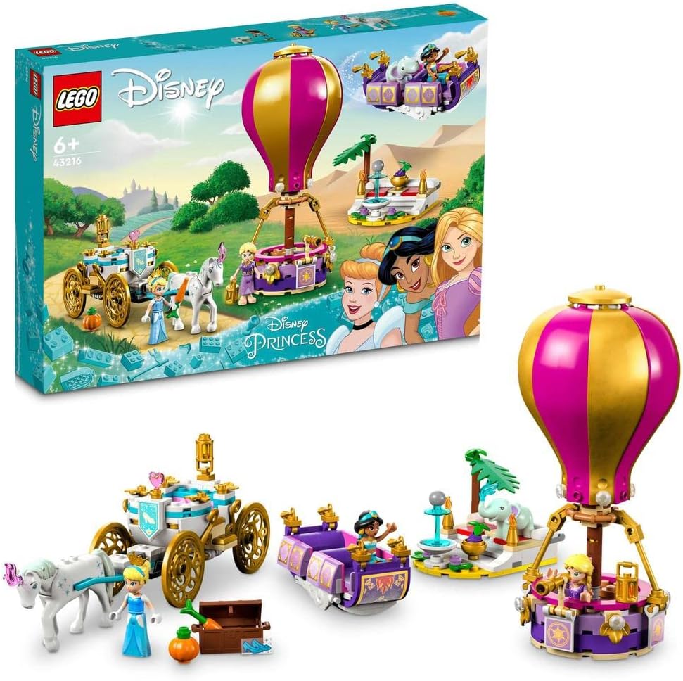 43216 Disney Princess Enchanted Journey 3in1 Playset with Cinderella, Jasmine, Rapunzel Mini Dolls with Toy Horse & Carriage, Flying Carpet, Hot Air Balloon, Gift for Girls and Boys Aged 6+