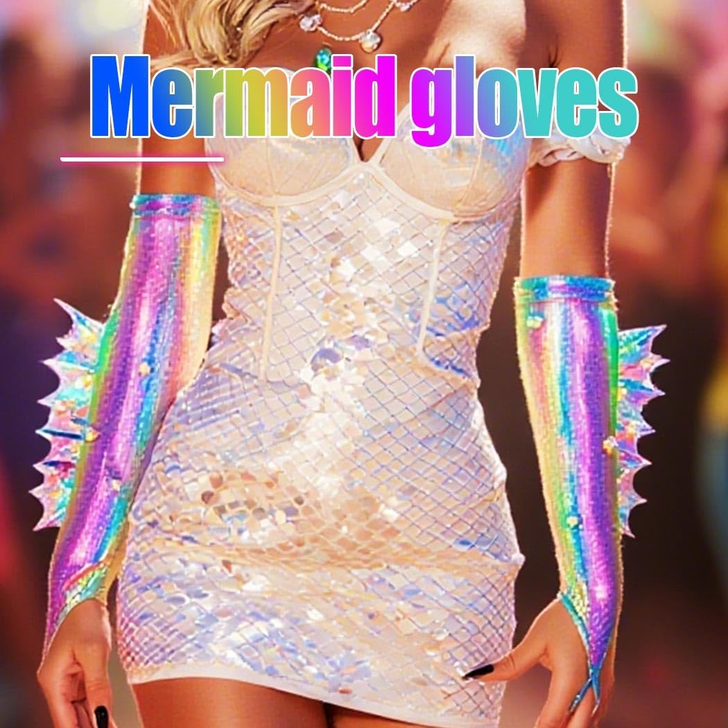 GORTIN Light up Mermaid Fingerless Gloves Elbow Length Cosplay Glove Rave Costume Accessories for Women - Image 3